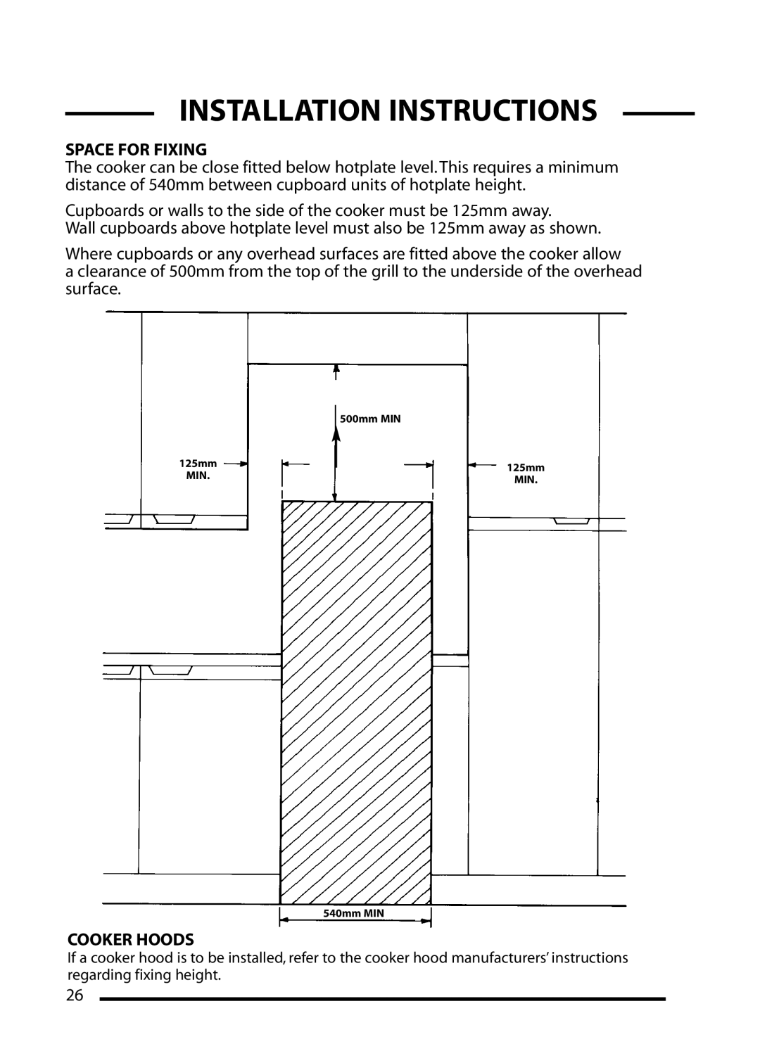 Cannon 10552G, 10555G, 10550G, 10556G installation instructions Space for Fixing, Cooker Hoods 