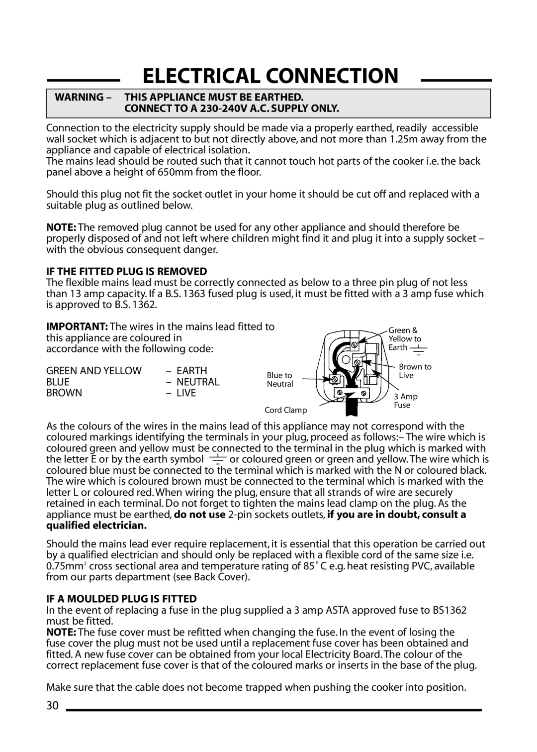 Cannon 10552G, 10555G, 10550G, 10556G installation instructions Electrical Connection, Connect to a 230-240V A.C. Supply only 