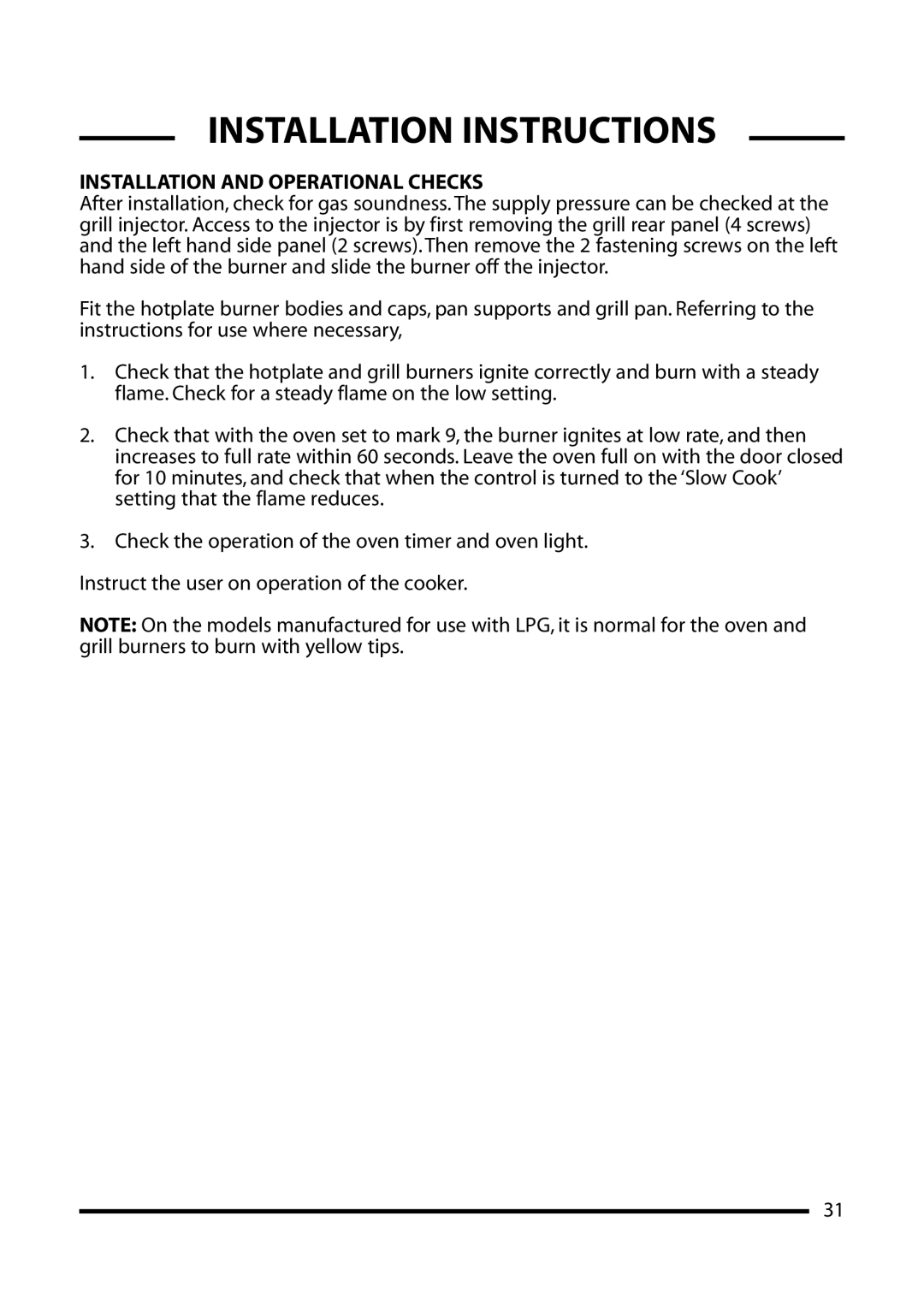 Cannon 10556G, 10555G, 10550G, 10552G installation instructions Installation Instructions, Installation and Operational Checks 