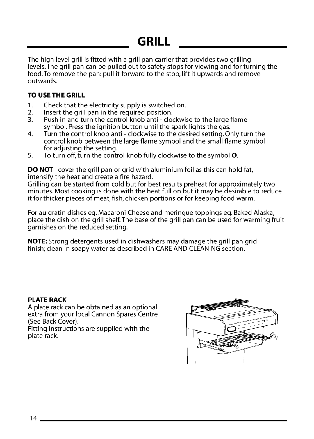 Cannon 10552G, 10555G, 10550G, 10556G installation instructions To Use The Grill, Plate Rack 