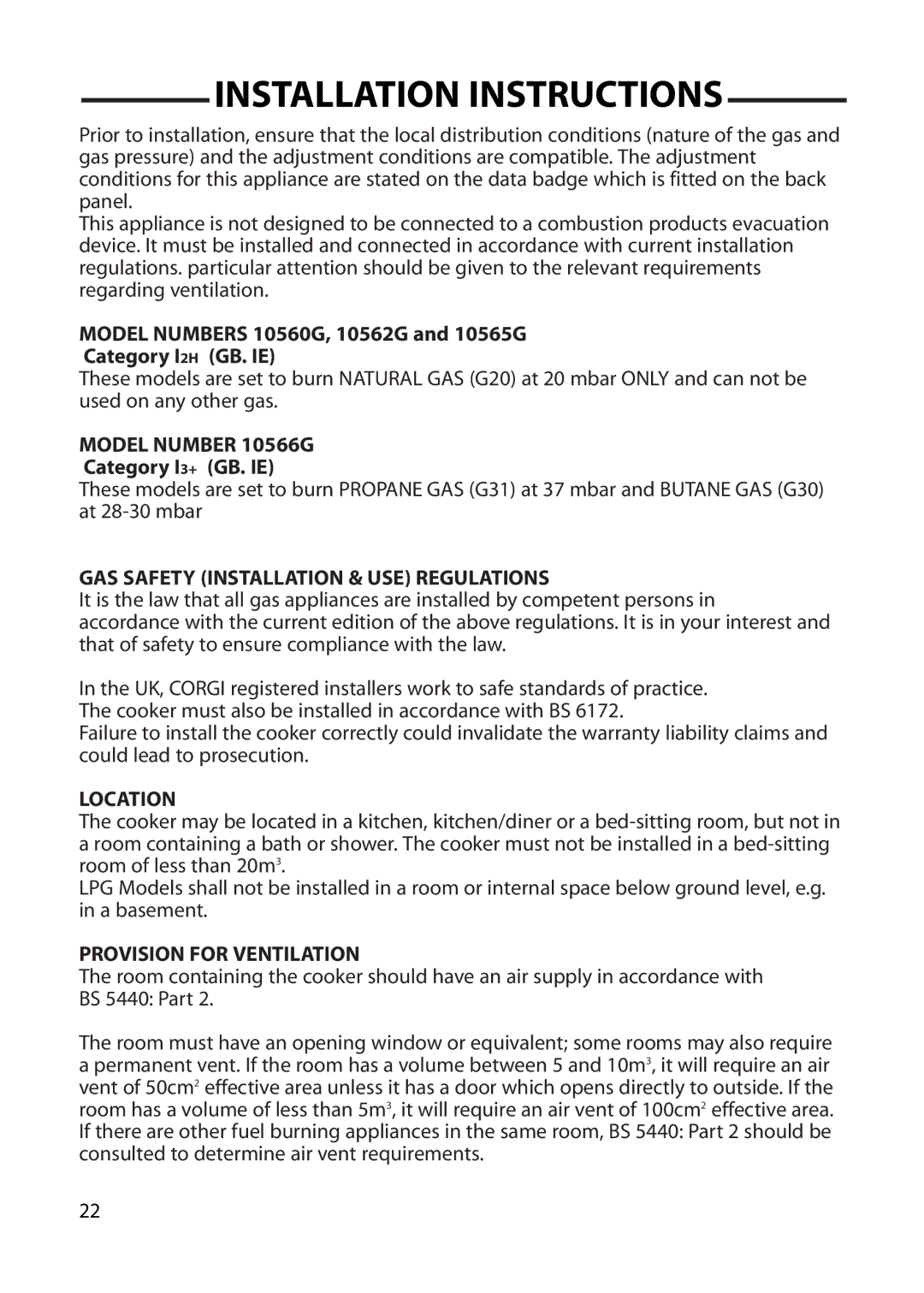 Cannon 10560G, 10565G Installation Instructions, Model Number 10566G, GAS Safety Installation & USE Regulations, Location 