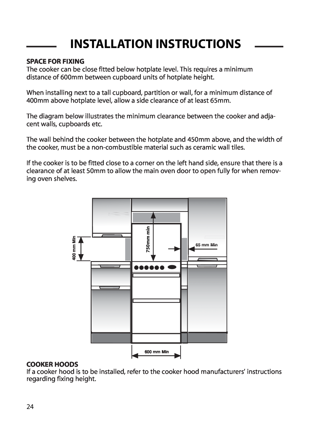 Cannon 10566G, 10565G, 10560G, 10562G installation instructions Installation Instructions, Space For Fixing, Cooker Hoods 
