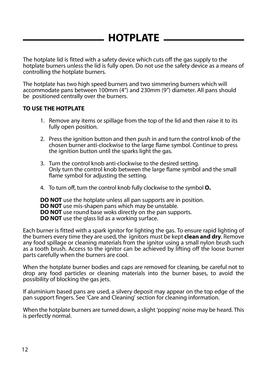 Cannon 10579G, 10573G, 10574G, 10578G, 10572G, 10576G, 10575G installation instructions To USE the Hotplate 