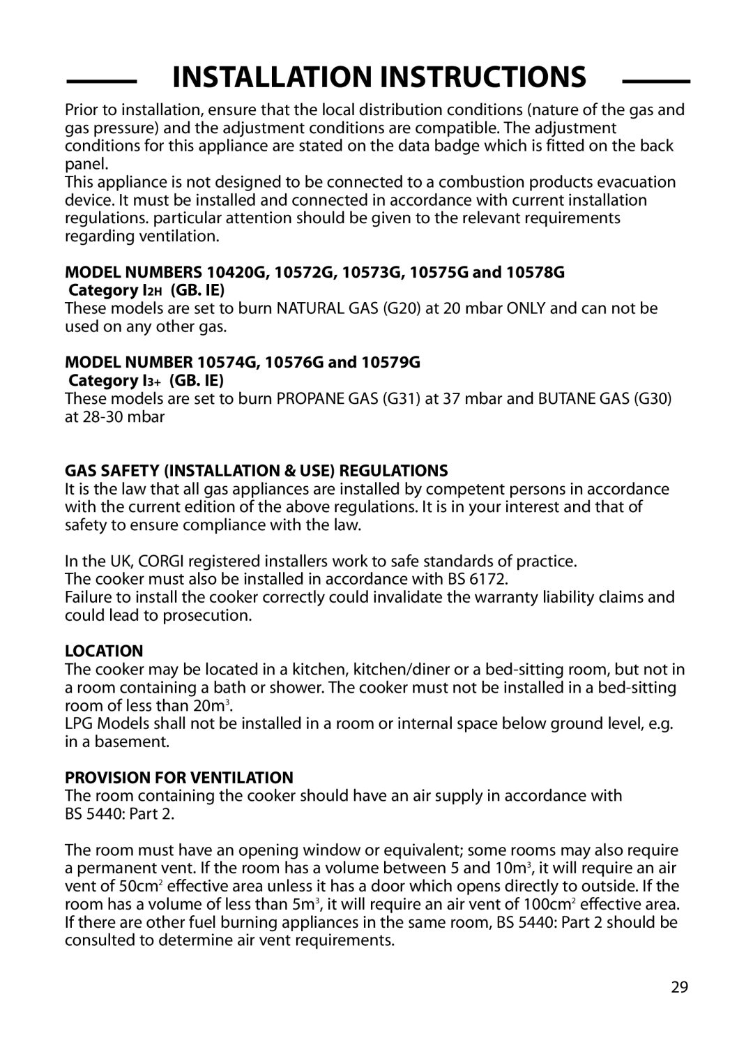 Cannon 10574G Installation Instructions, GAS Safety Installation & USE Regulations, Location, Provision for Ventilation 