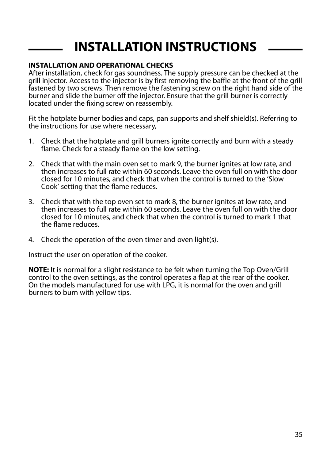 Cannon 10573G, 10574G, 10578G, 10572G, 10576G, 10579G, 10575G installation instructions Installation and Operational Checks 