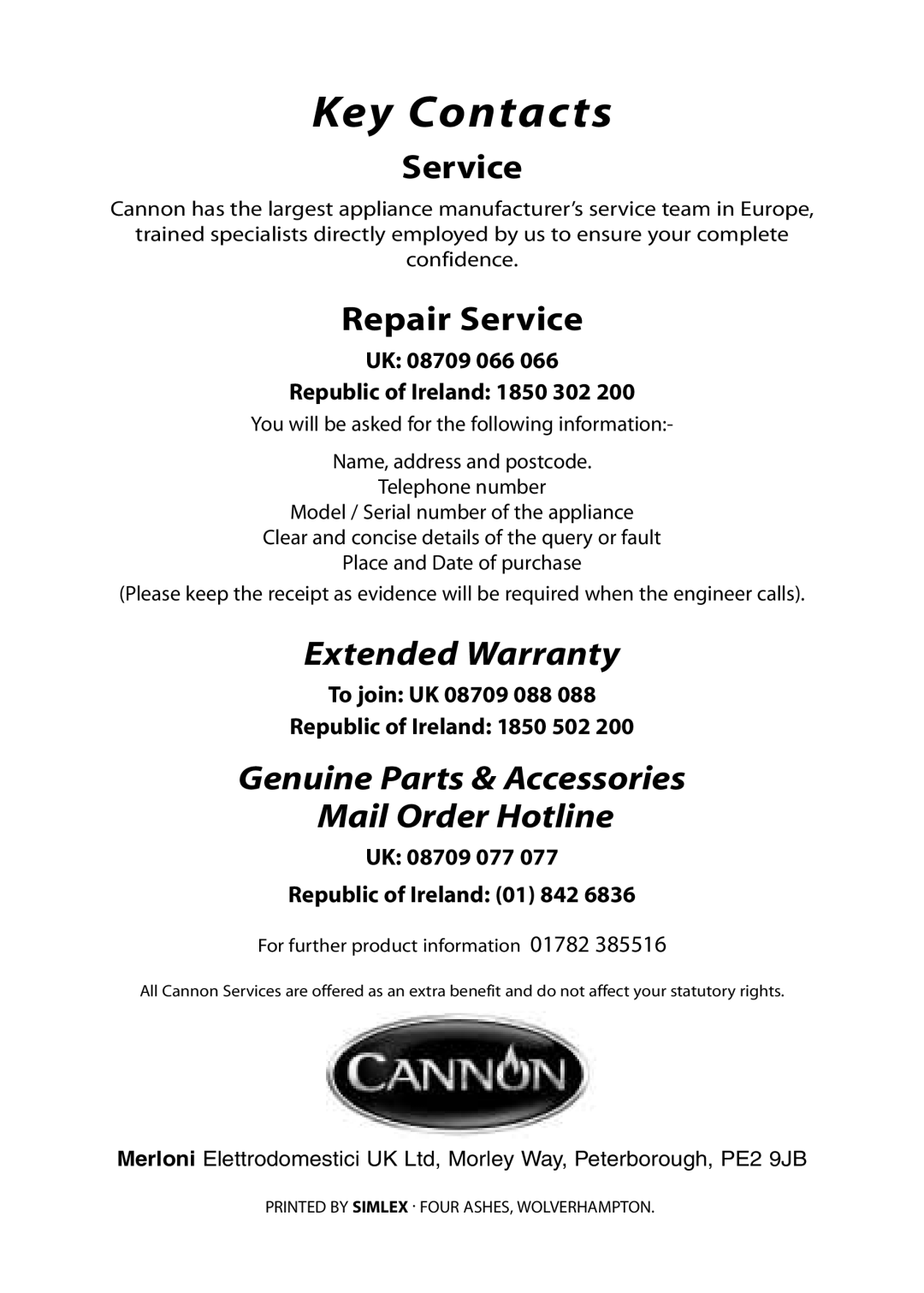 Cannon 10574G, 10573G, 10578G, 10572G, 10576G, 10579G, 10575G installation instructions Key Contacts 