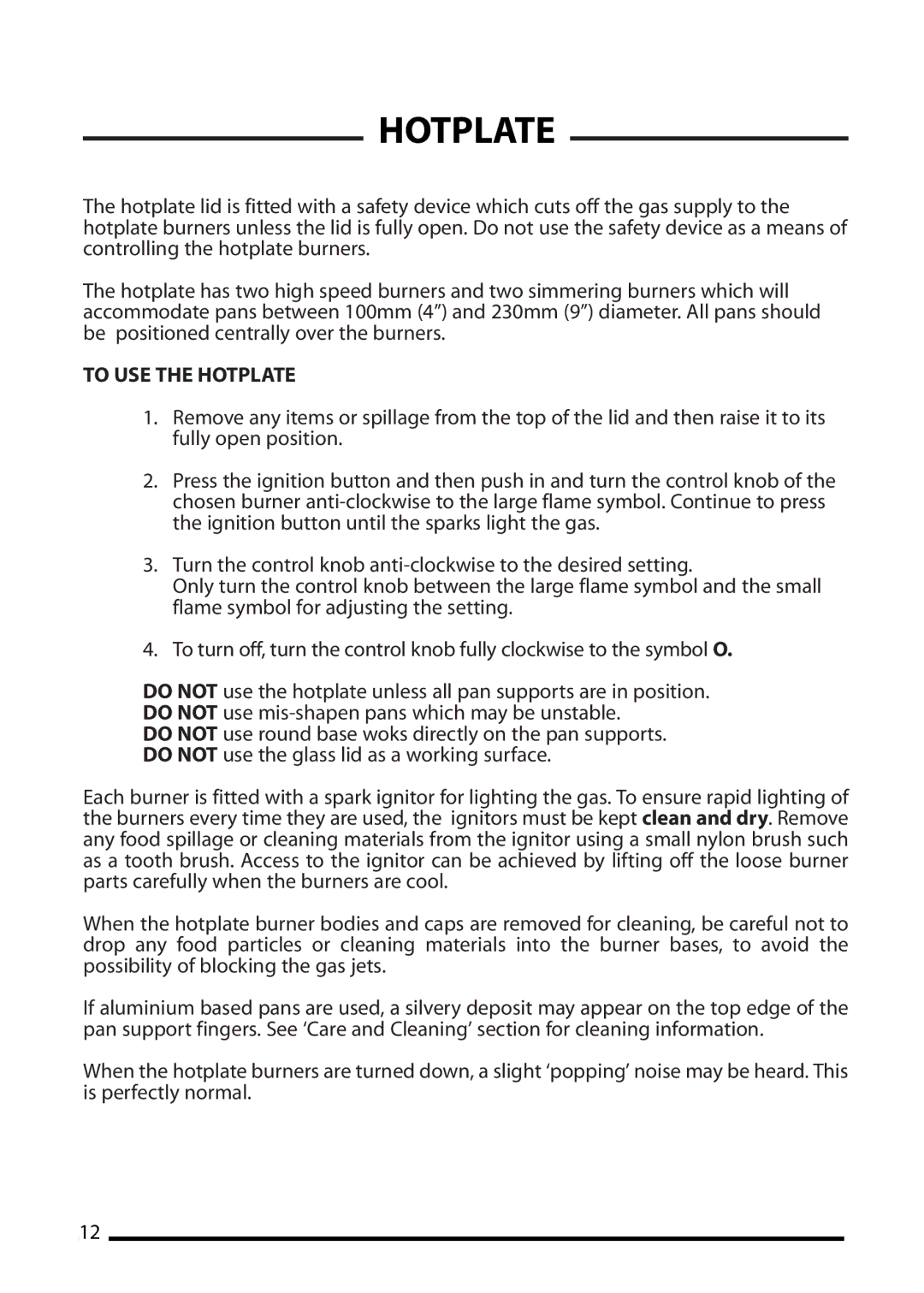 Cannon 10593G, 10592G, 10595G, 10598G installation instructions To USE the Hotplate 