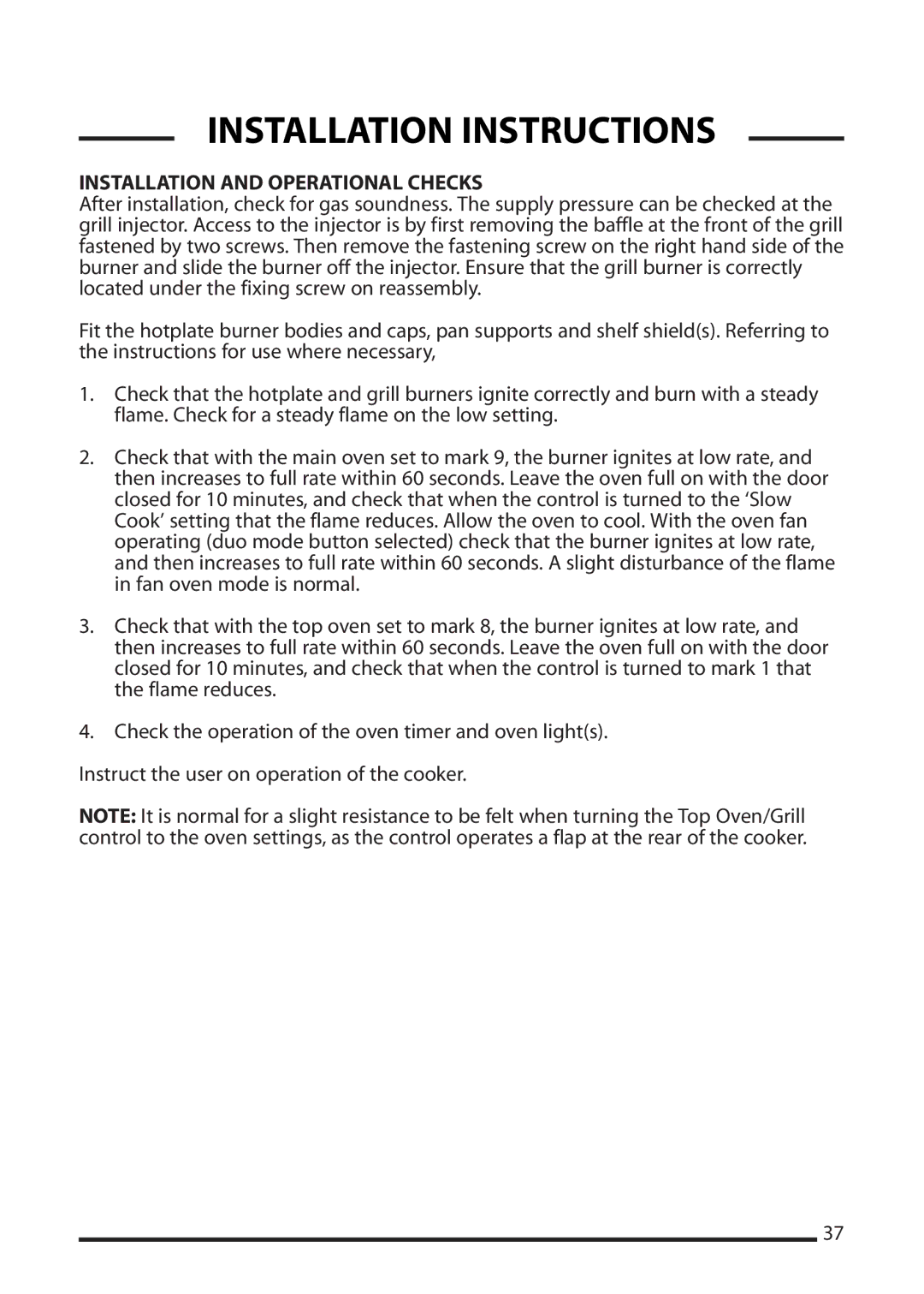 Cannon 10592G, 10593G, 10595G, 10598G installation instructions Installation and Operational Checks 