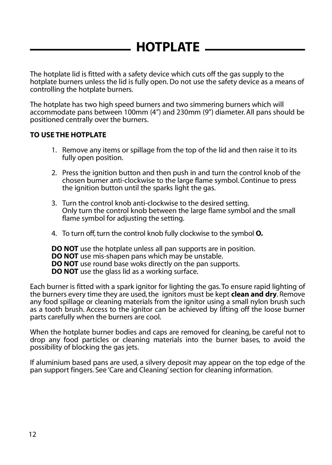 Cannon 10476G, 10685G, 10682G, 10430G, 10475G installation instructions To USE the Hotplate 