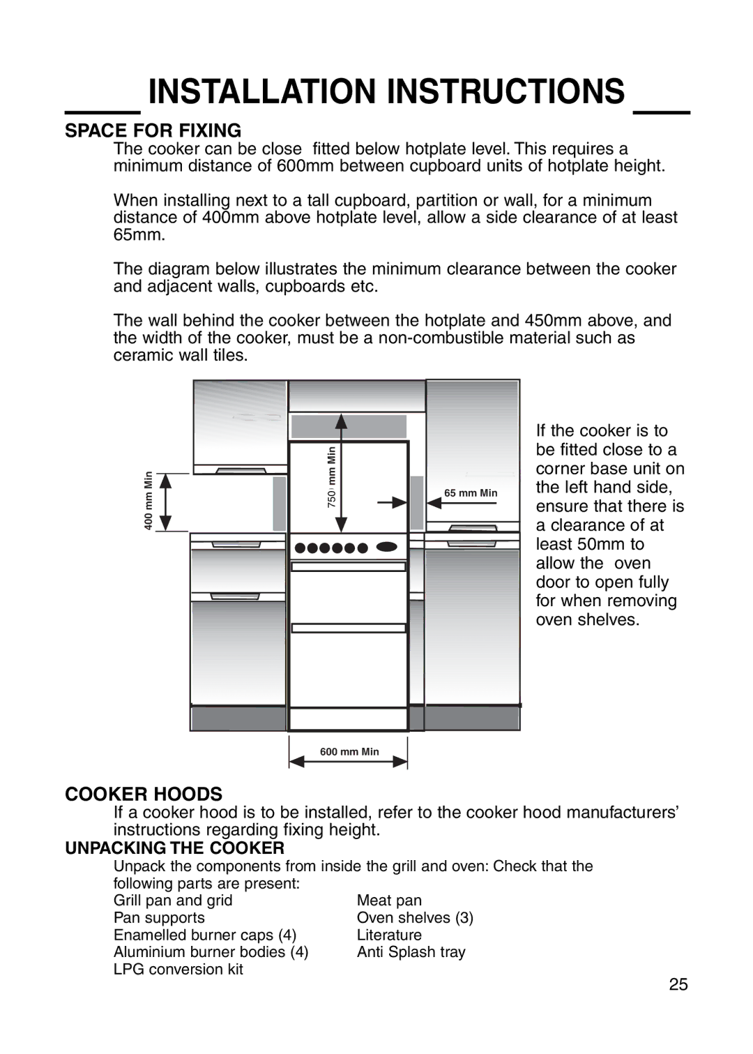 Cannon 10685G, 10682G, 10476G, 10430G, 10475G installation instructions Space for Fixing 