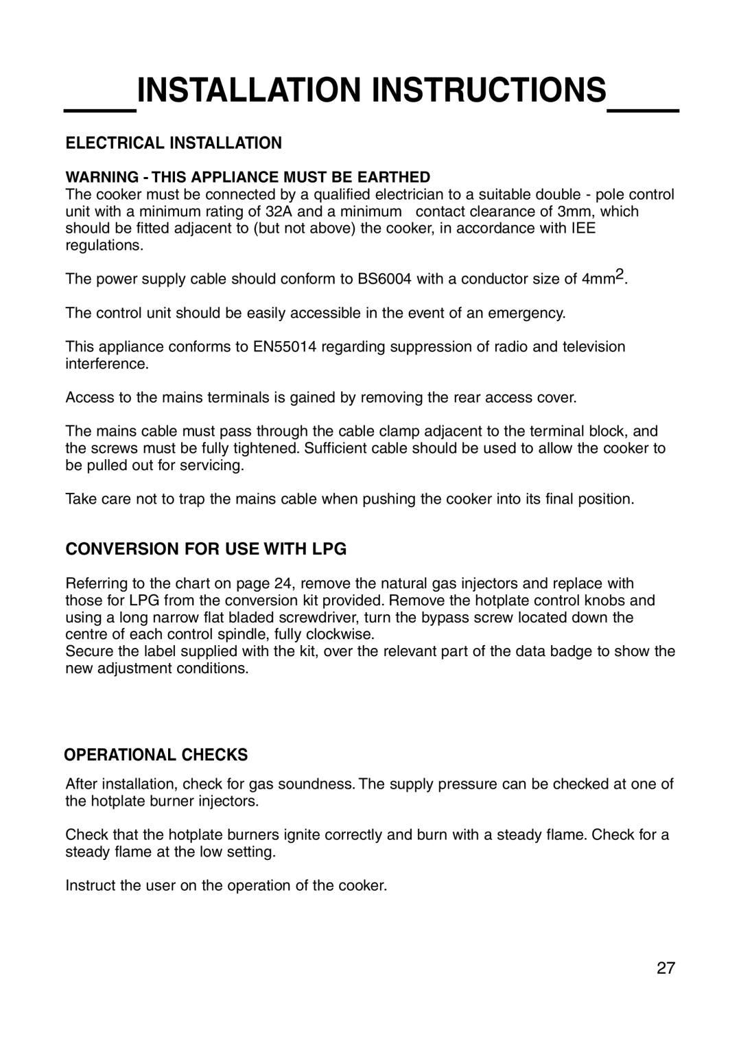 Cannon 10476G, 10685G, 10682G, 10430G, 10475G installation instructions Electrical Installation 