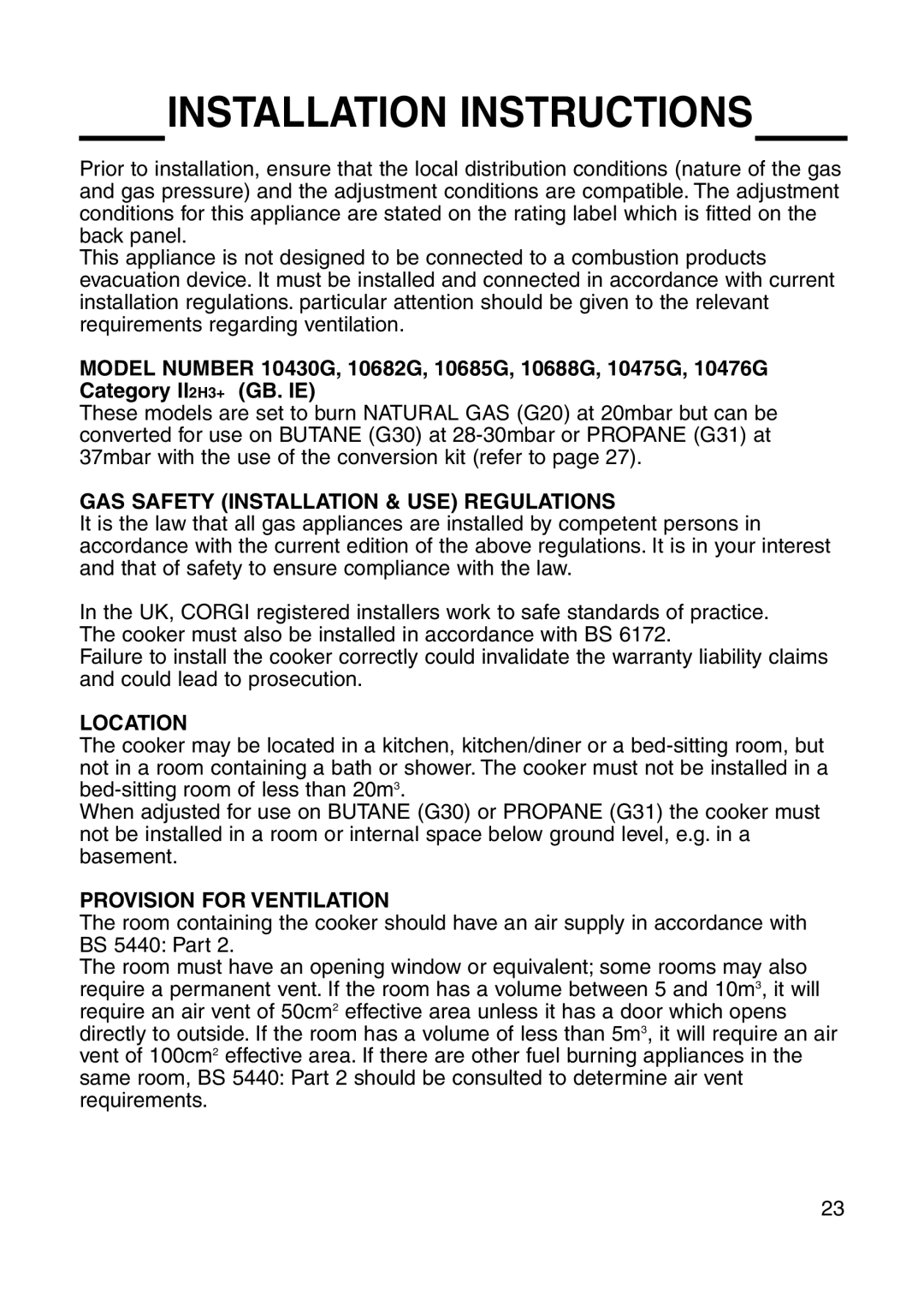 Cannon 10430G Installation Instructions, Gas Safety Installation & Use Regulations, Location, Provision For Ventilation 