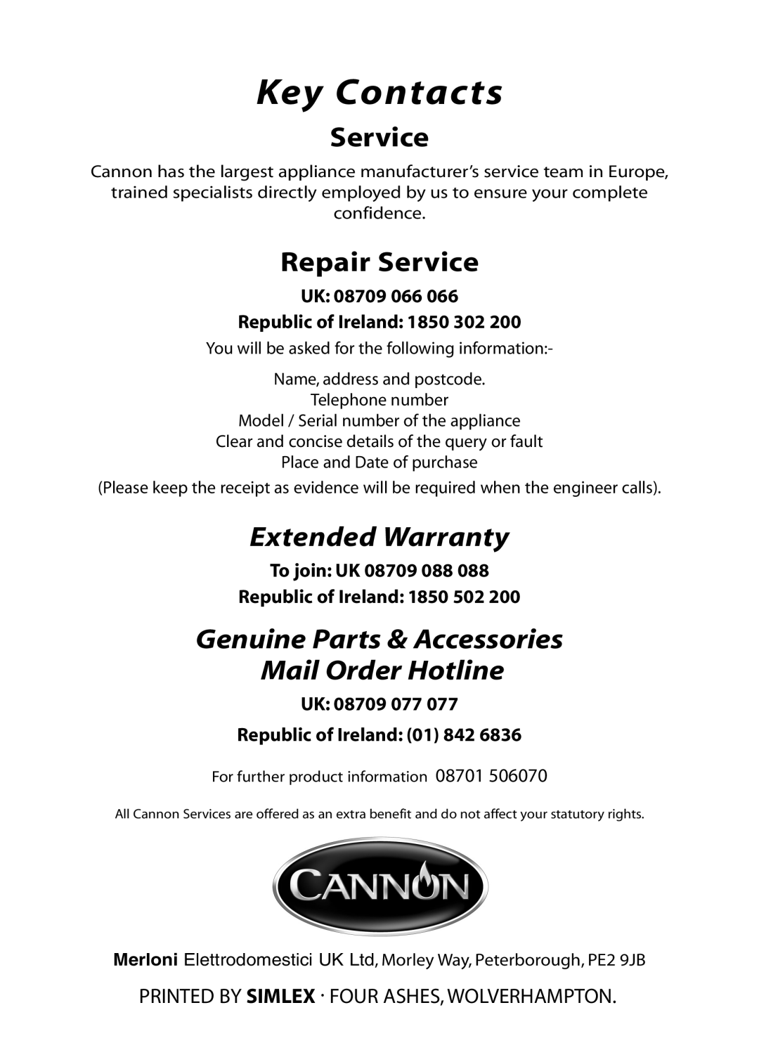 Cannon 10688 installation instructions Key Contacts 