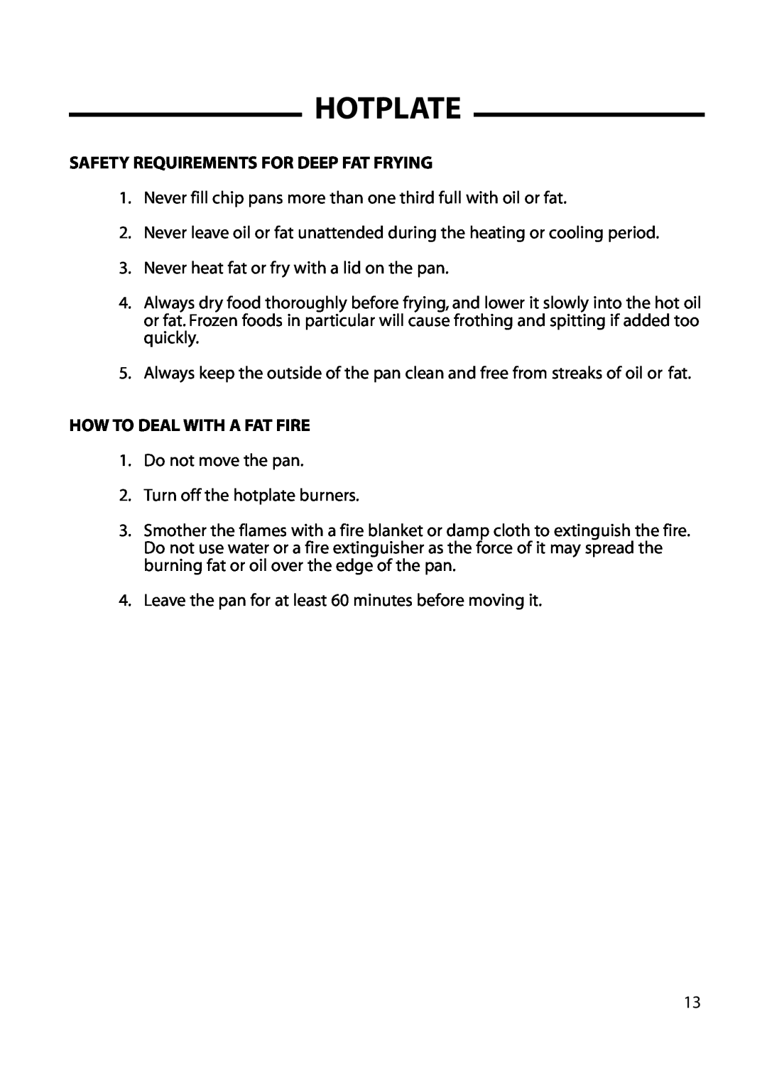 Cannon 10688 installation instructions Safety Requirements For Deep Fat Frying, How To Deal With A Fat Fire, Hotplate 