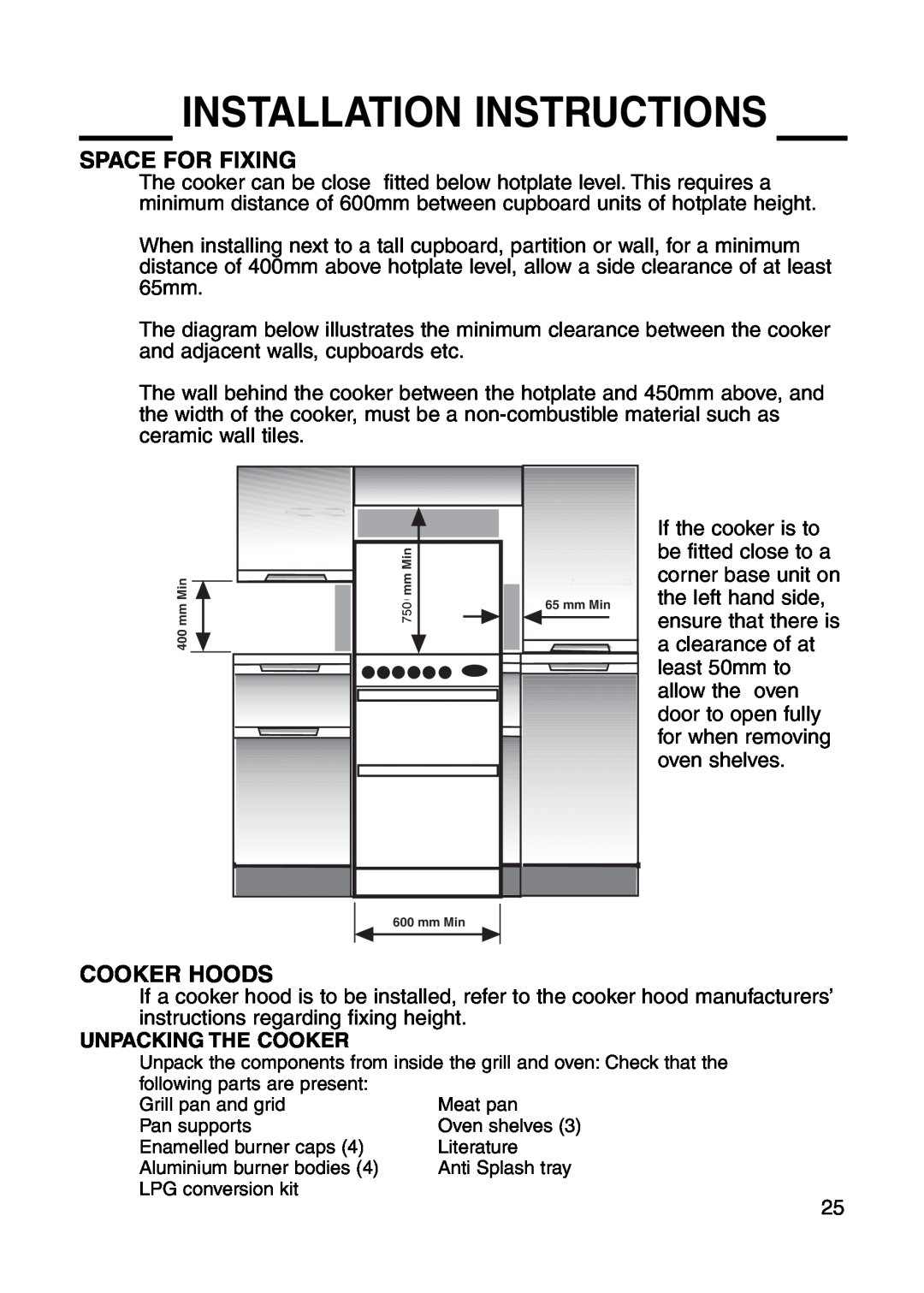 Cannon 10688 installation instructions Space For Fixing, Cooker Hoods, Unpacking The Cooker, Installation Instructions 