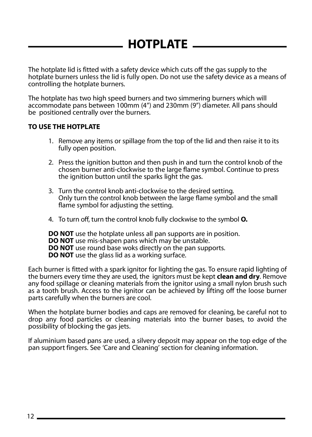 Cannon 10698G, 10692G, 10695G installation instructions To USE the Hotplate 