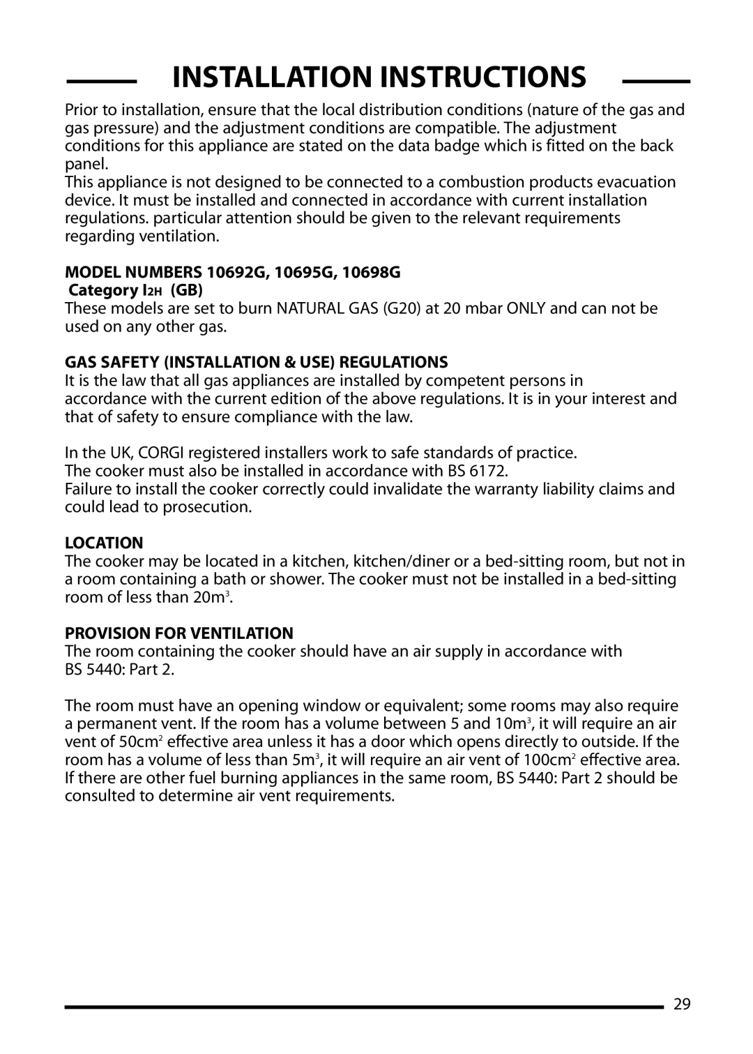 Cannon Installation Instructions, Model Numbers 10692G, 10695G, 10698G Category I2H GB, Location 