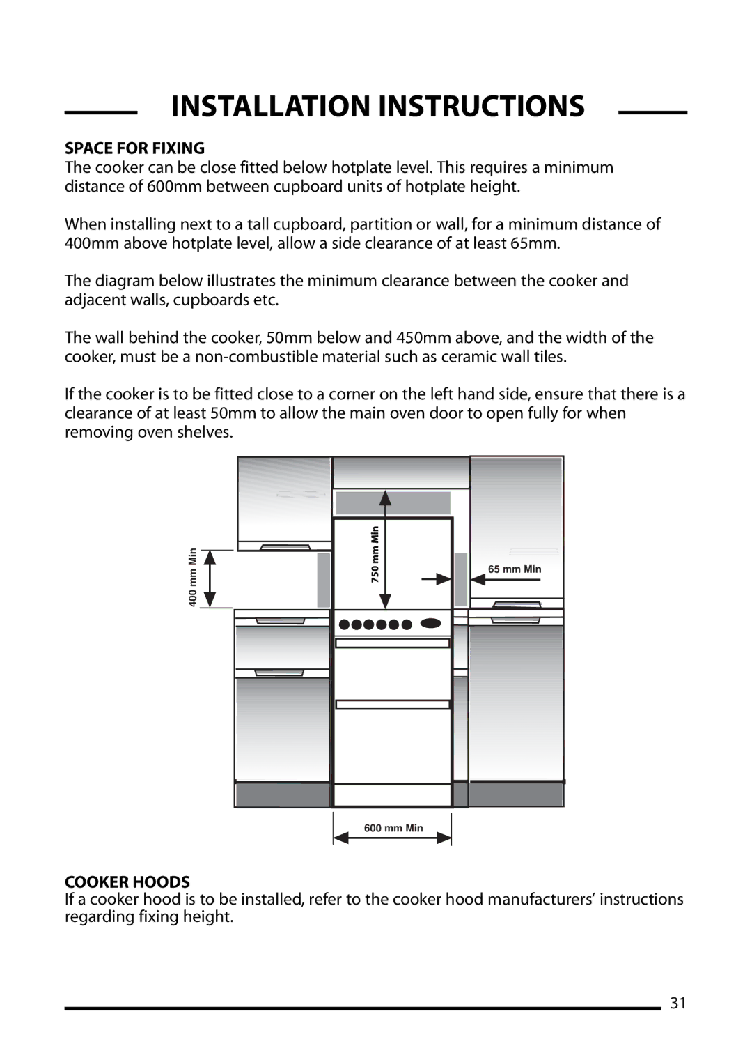 Cannon 10692G, 10698G, 10695G installation instructions Space for Fixing, Cooker Hoods 