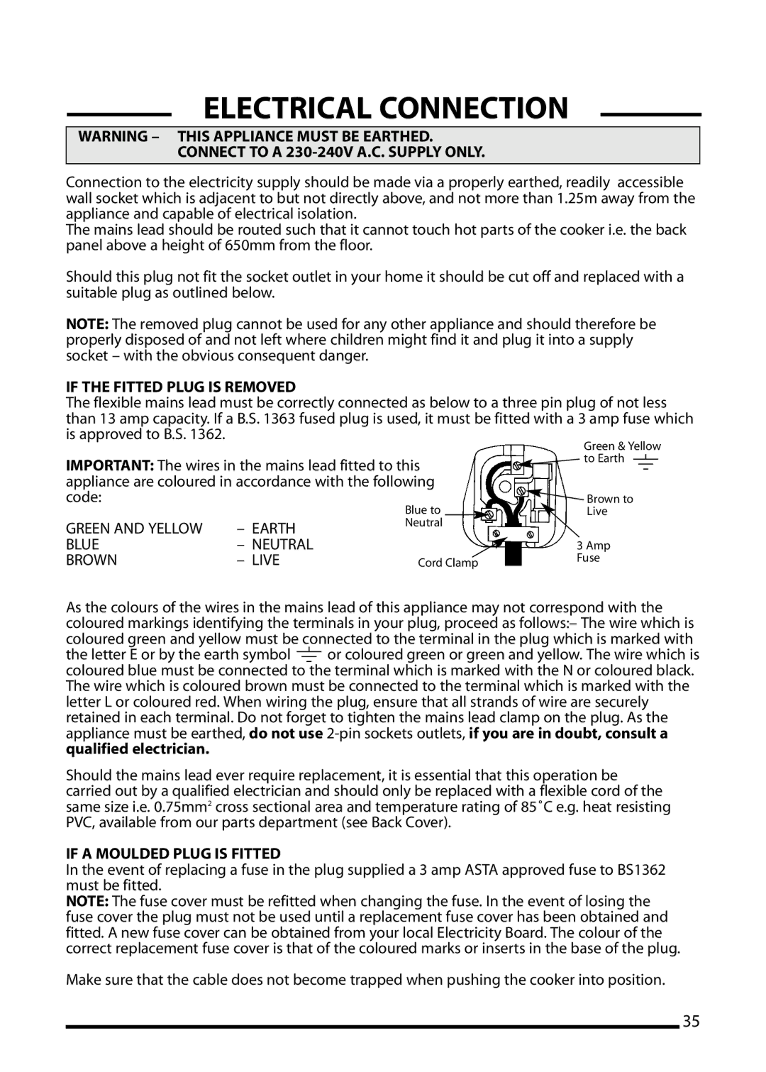 Cannon 10695G, 10698G, 10692G installation instructions Electrical Connection, Connect to a 230-240V A.C. Supply only 