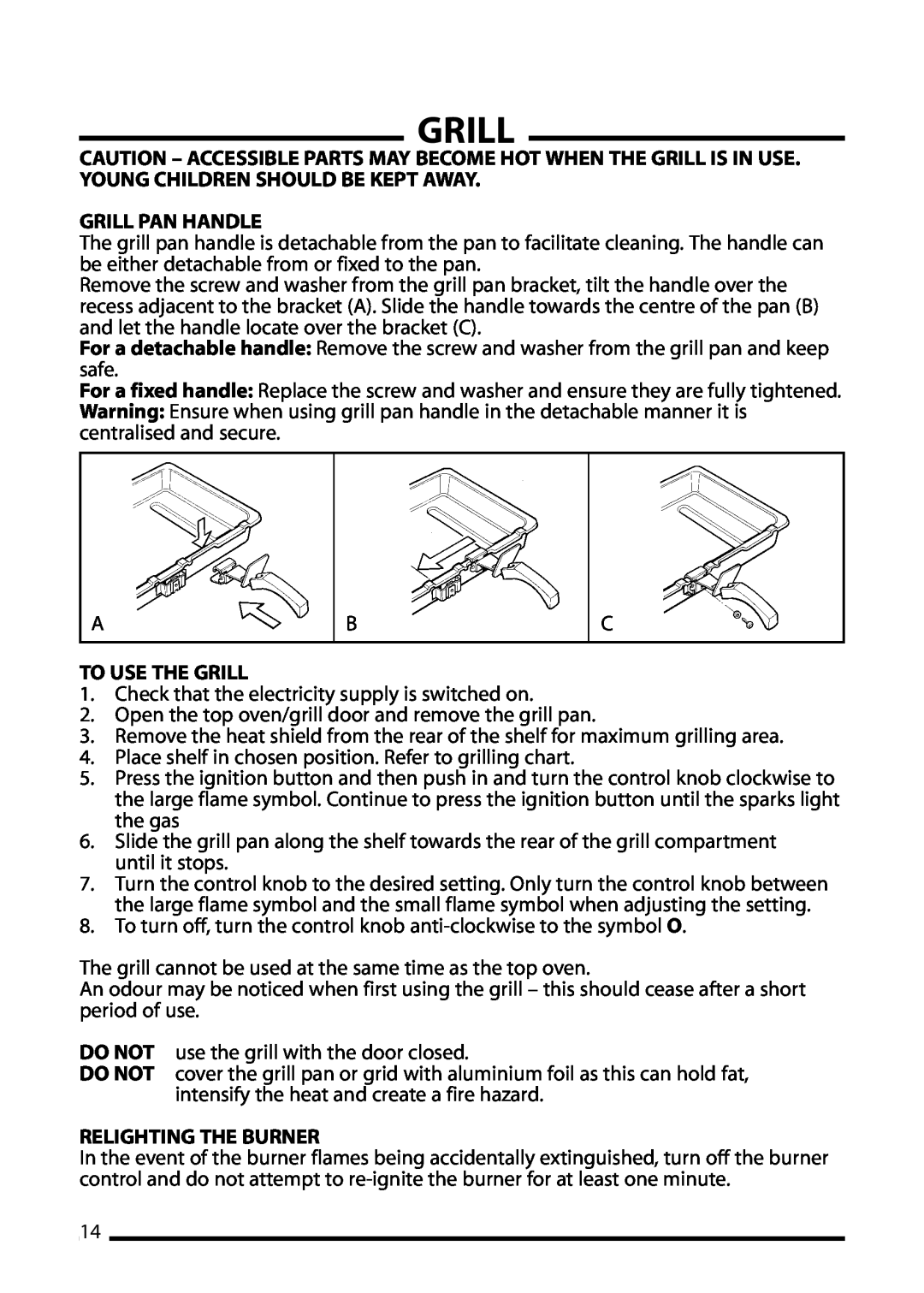 Cannon 10695G, 10698G, 10692G installation instructions Grill Pan Handle, To Use The Grill, Relighting The Burner 