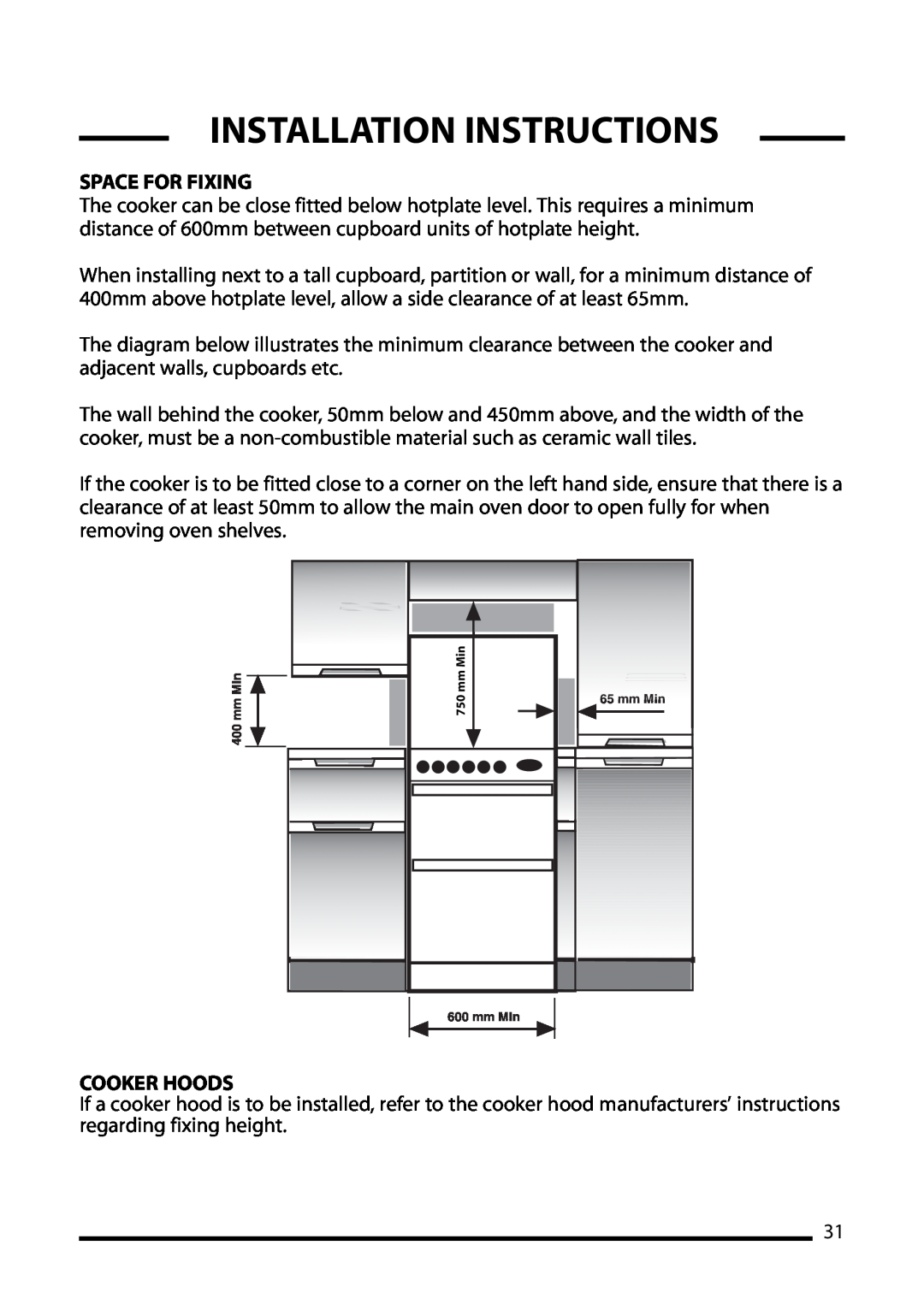 Cannon 10692G, 10698G, 10695G installation instructions Space For Fixing, Cooker Hoods, Installation Instructions, mm Min 