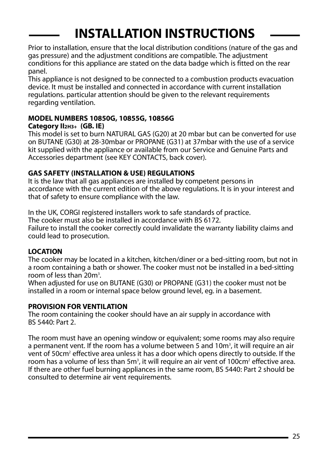 Cannon Installation Instructions, Model Numbers 10850G, 10855G, 10856G Category II2H3+ GB. IE, Location 