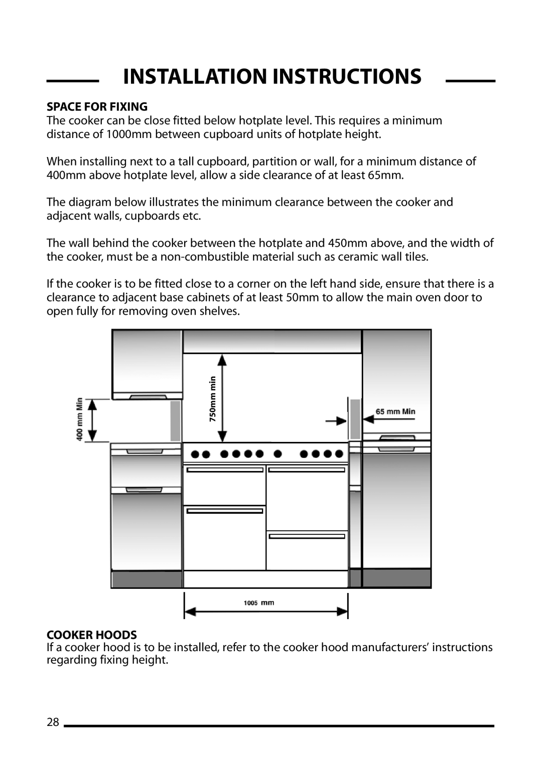 Cannon 10850G, 10855G, 10856G installation instructions Space for Fixing, Cooker Hoods 