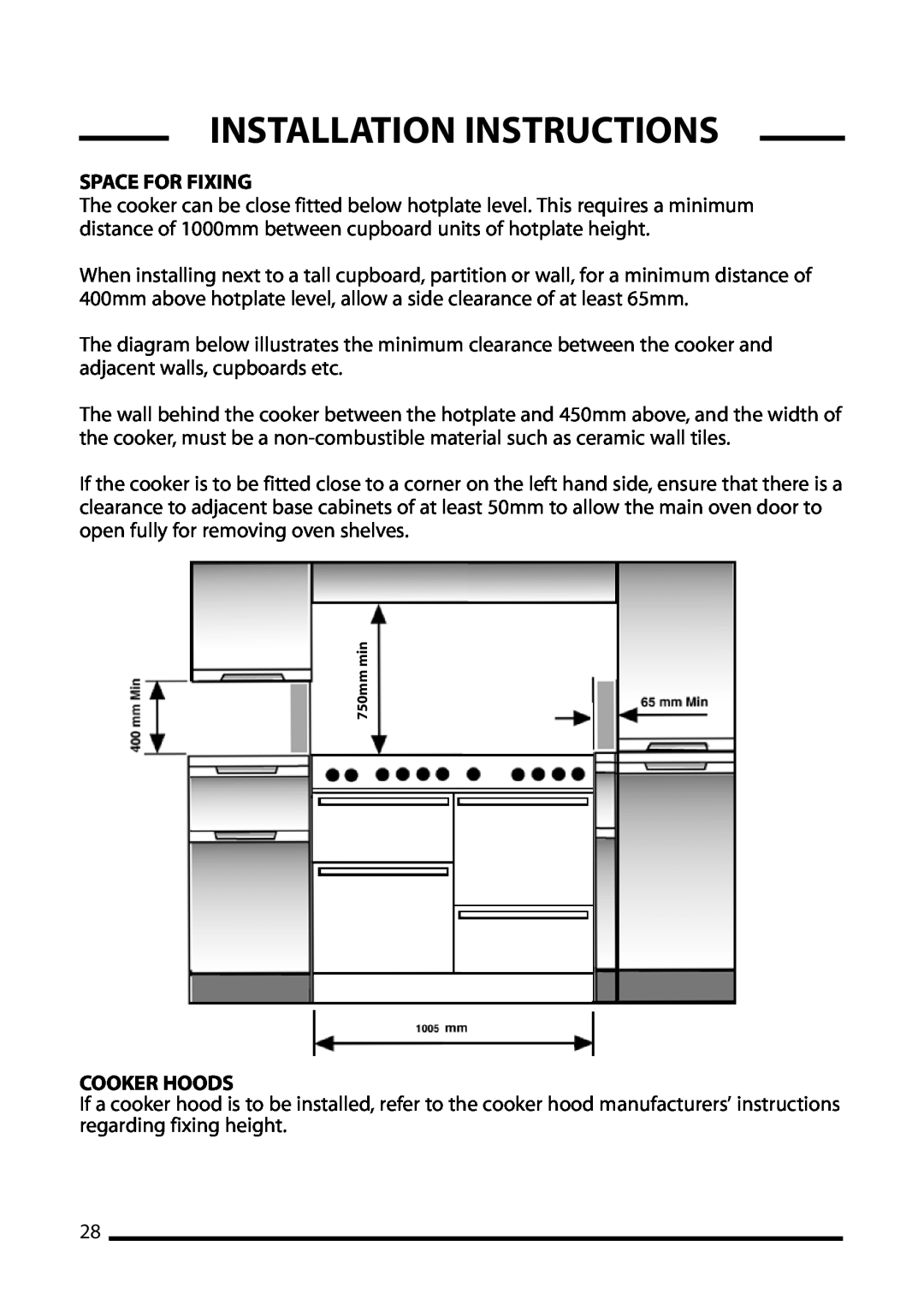 Cannon 10850G, 10855G, 10856G installation instructions Installation Instructions, Space For Fixing, Cooker Hoods, 750mm min 