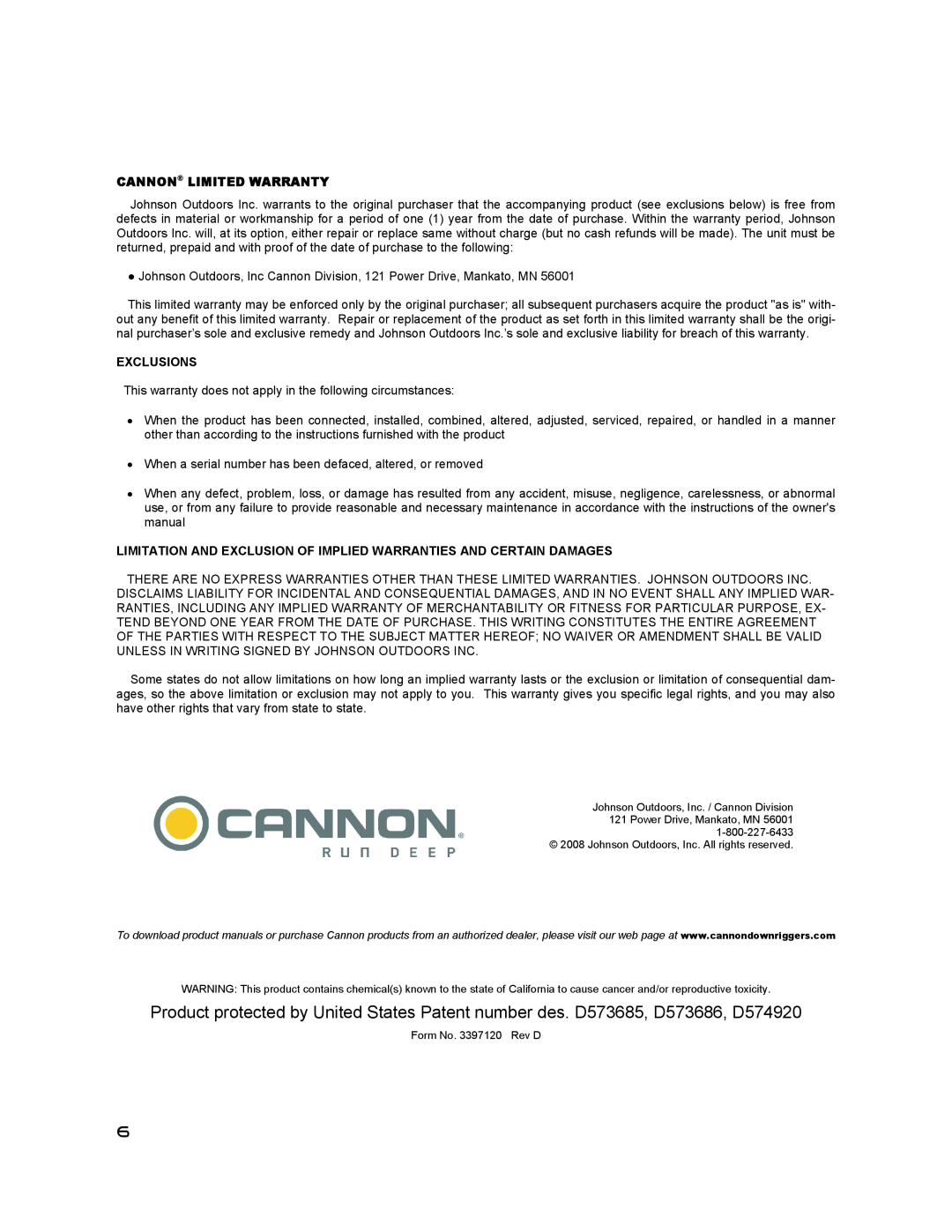 Cannon 1907020 Cannon Limited Warranty, Exclusions, Limitation And Exclusion Of Implied Warranties And Certain Damages 