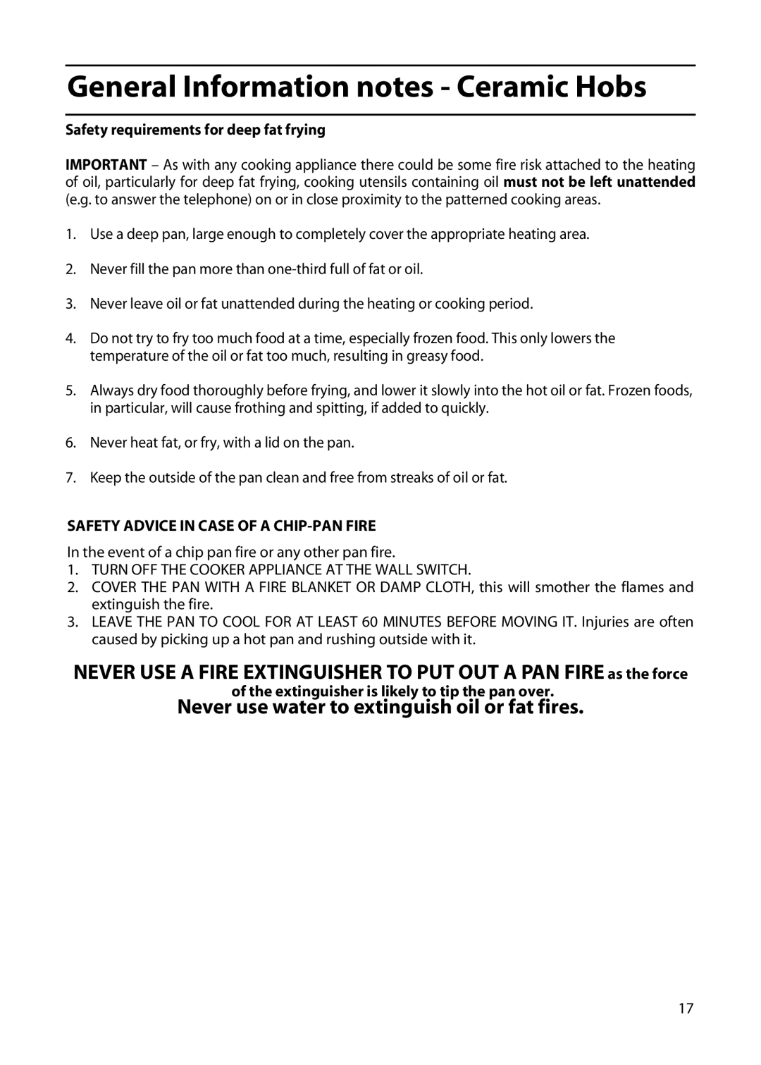 Cannon 20715, 195049764.00, 20718 Safety requirements for deep fat frying, Event of a chip pan fire or any other pan fire 