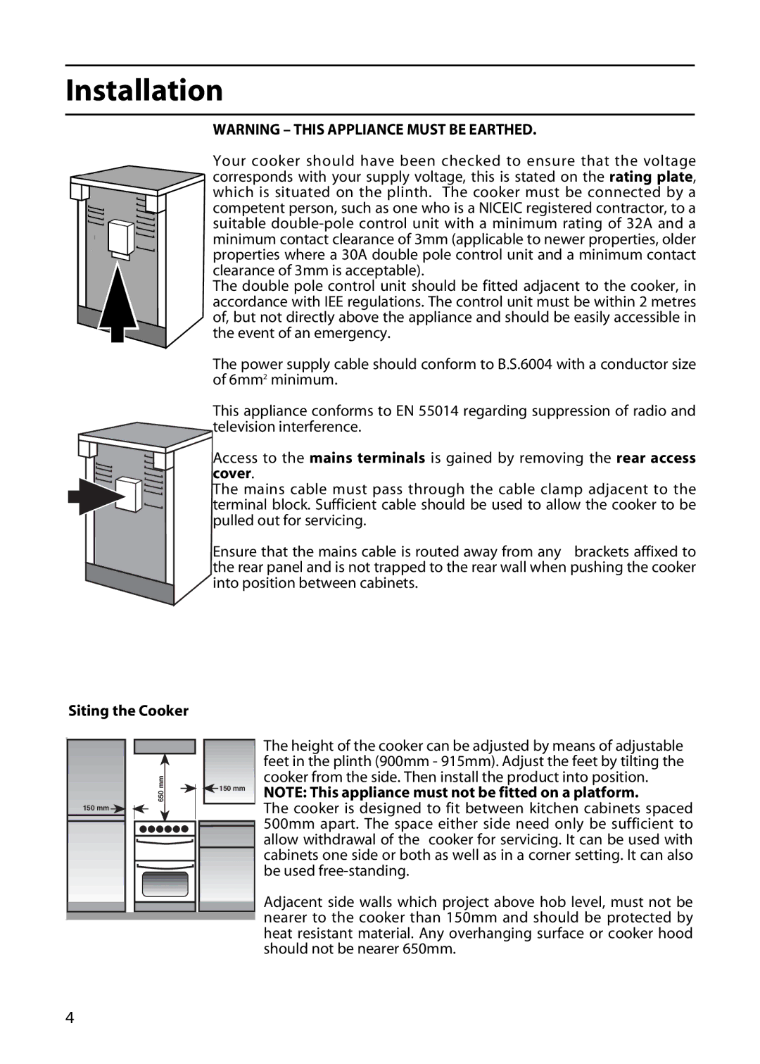 Cannon 20718, 195049764.00, 20715 manual Installation, Siting the Cooker 