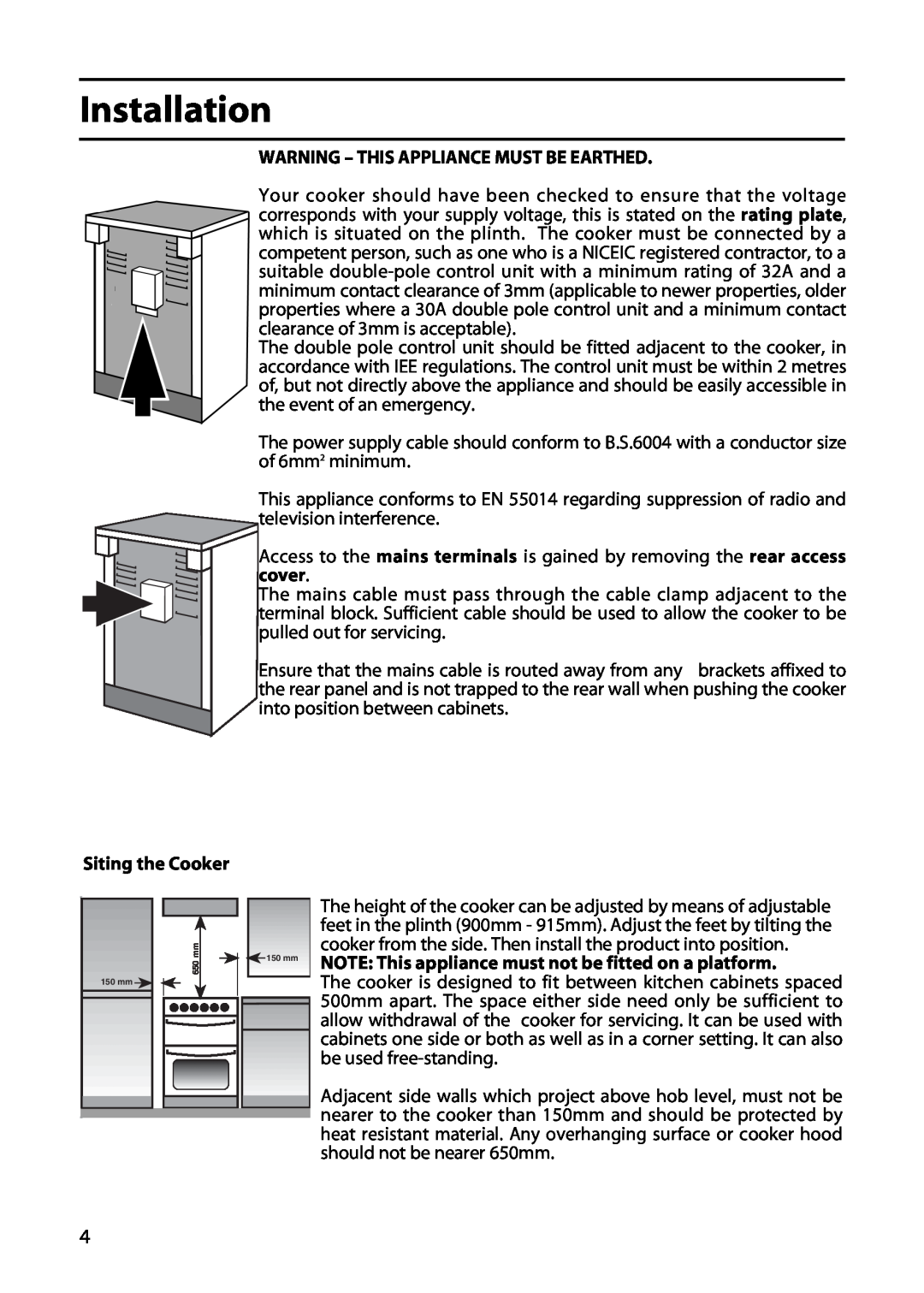 Cannon 20718, 195049764.00, 20715 manual Installation, Warning - This Appliance Must Be Earthed, Siting the Cooker 