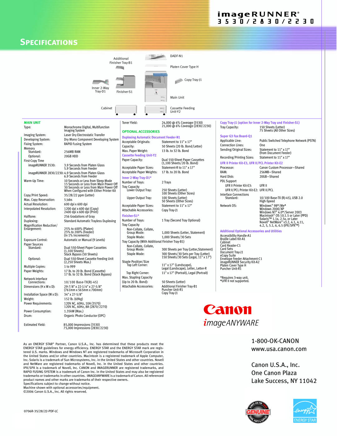 Cannon 2230, 3530, 2830 Specifications, Canon U.S.A., Inc One Canon Plaza Lake Success, NY, Main Unit, Inner 2-Way Tray-D1 