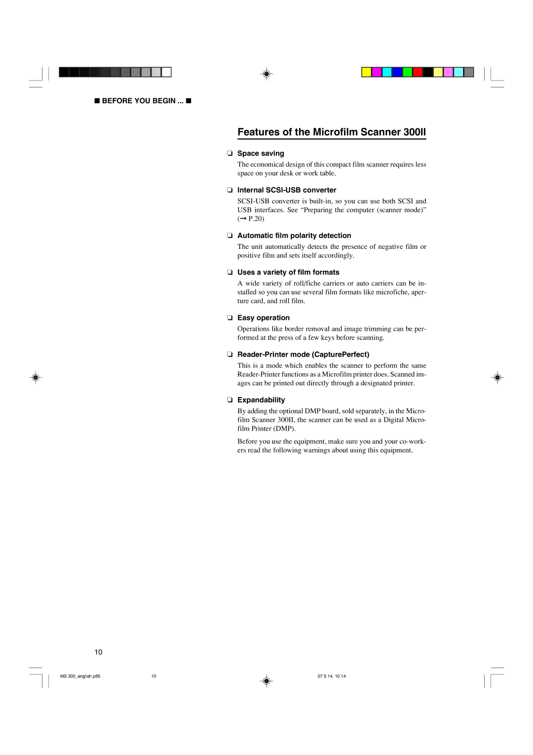 Cannon 300II manual Features of the Microfilm Scanner 