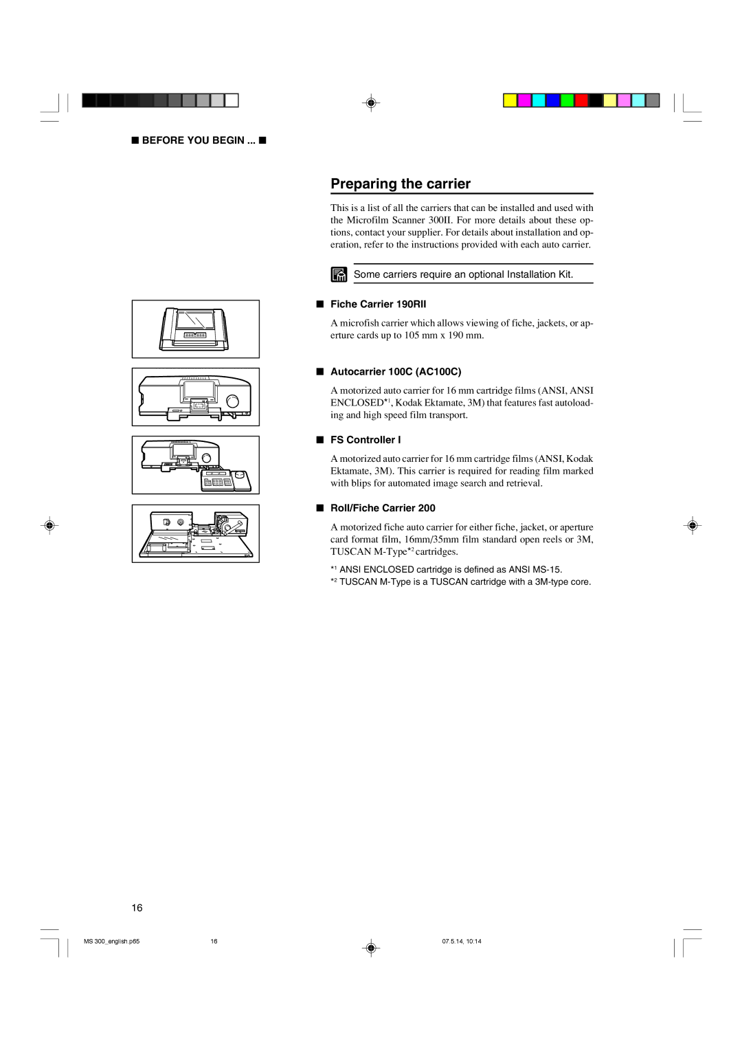 Cannon 300II manual Preparing the carrier, Fiche Carrier 190RII, Autocarrier 100C AC100C, FS Controller, Roll/Fiche Carrier 