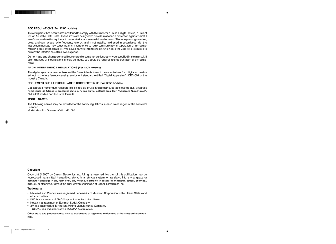 Cannon 300II manual FCC Regulations For 120V models, Radio Interference Regulations For 120V models, Copyright, Trademarks 