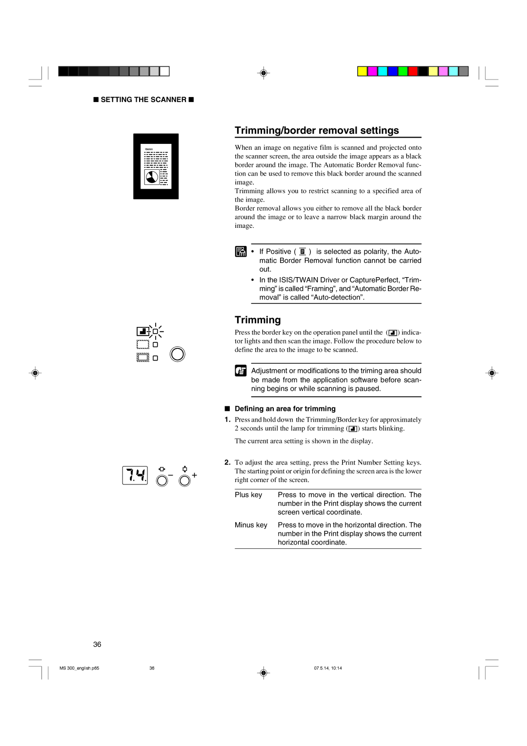 Cannon 300II manual Trimming/border removal settings, Defining an area for trimming 