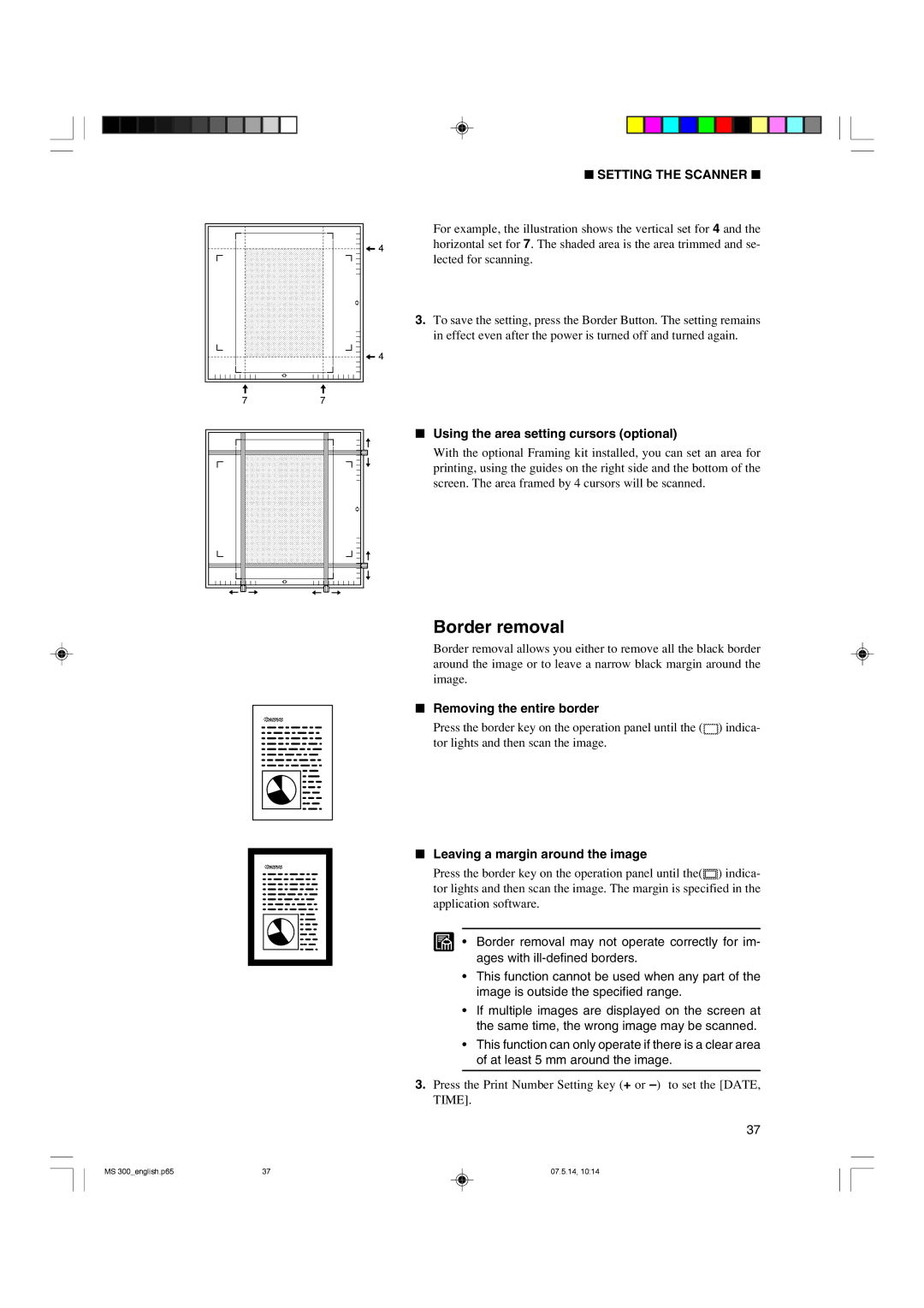 Cannon 300II manual Border removal, Using the area setting cursors optional, Removing the entire border 