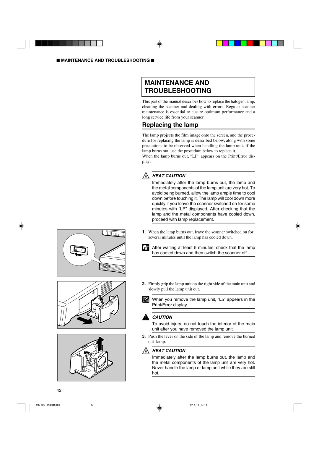 Cannon 300II manual Maintenance Troubleshooting, Replacing the lamp 