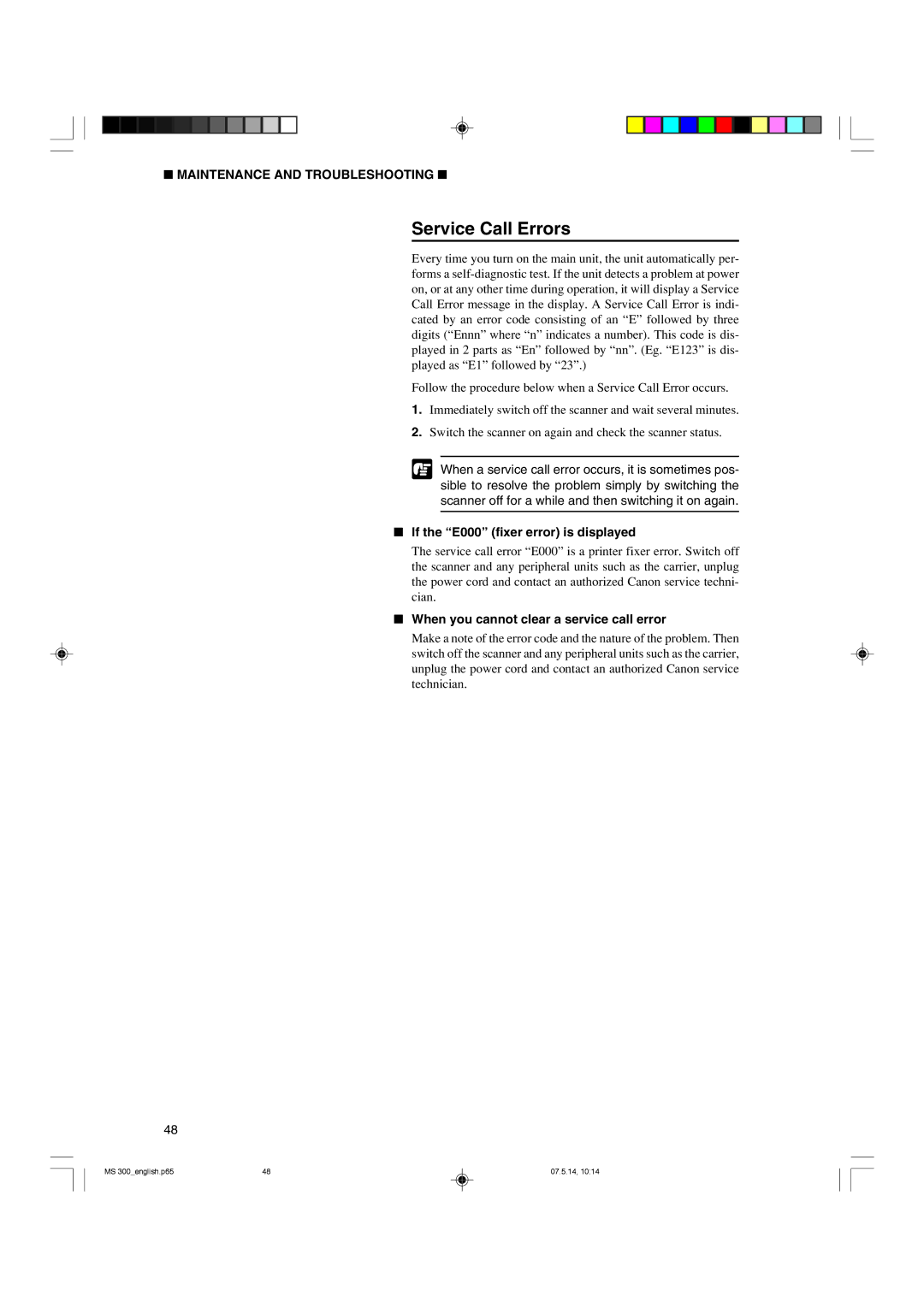 Cannon 300II manual Service Call Errors, If the E000 fixer error is displayed, When you cannot clear a service call error 