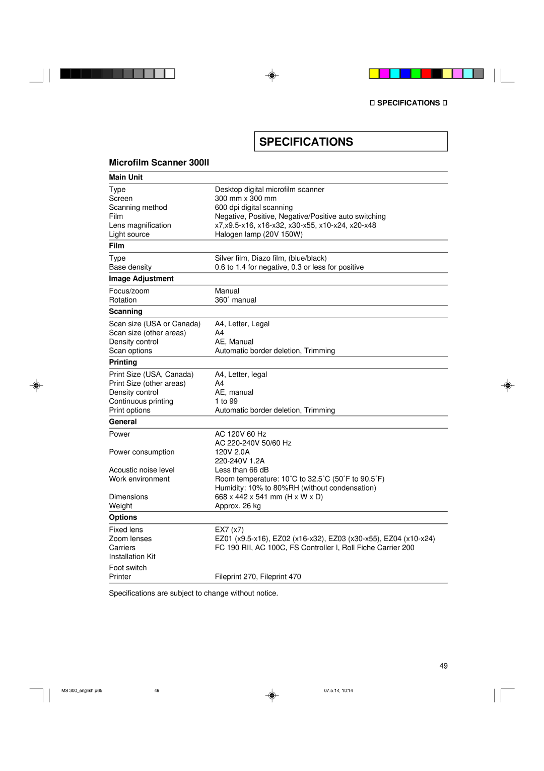 Cannon 300II manual Specifications 