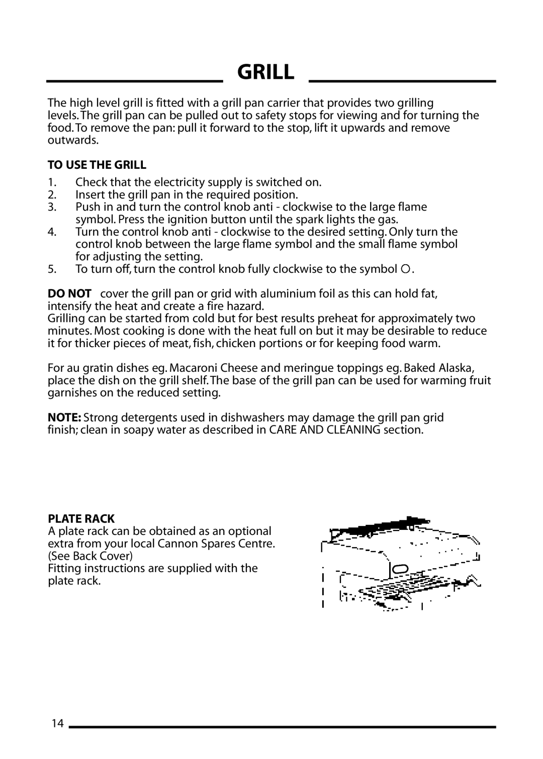 Cannon 4466200024-01 installation instructions To USE the Grill, Plate Rack 