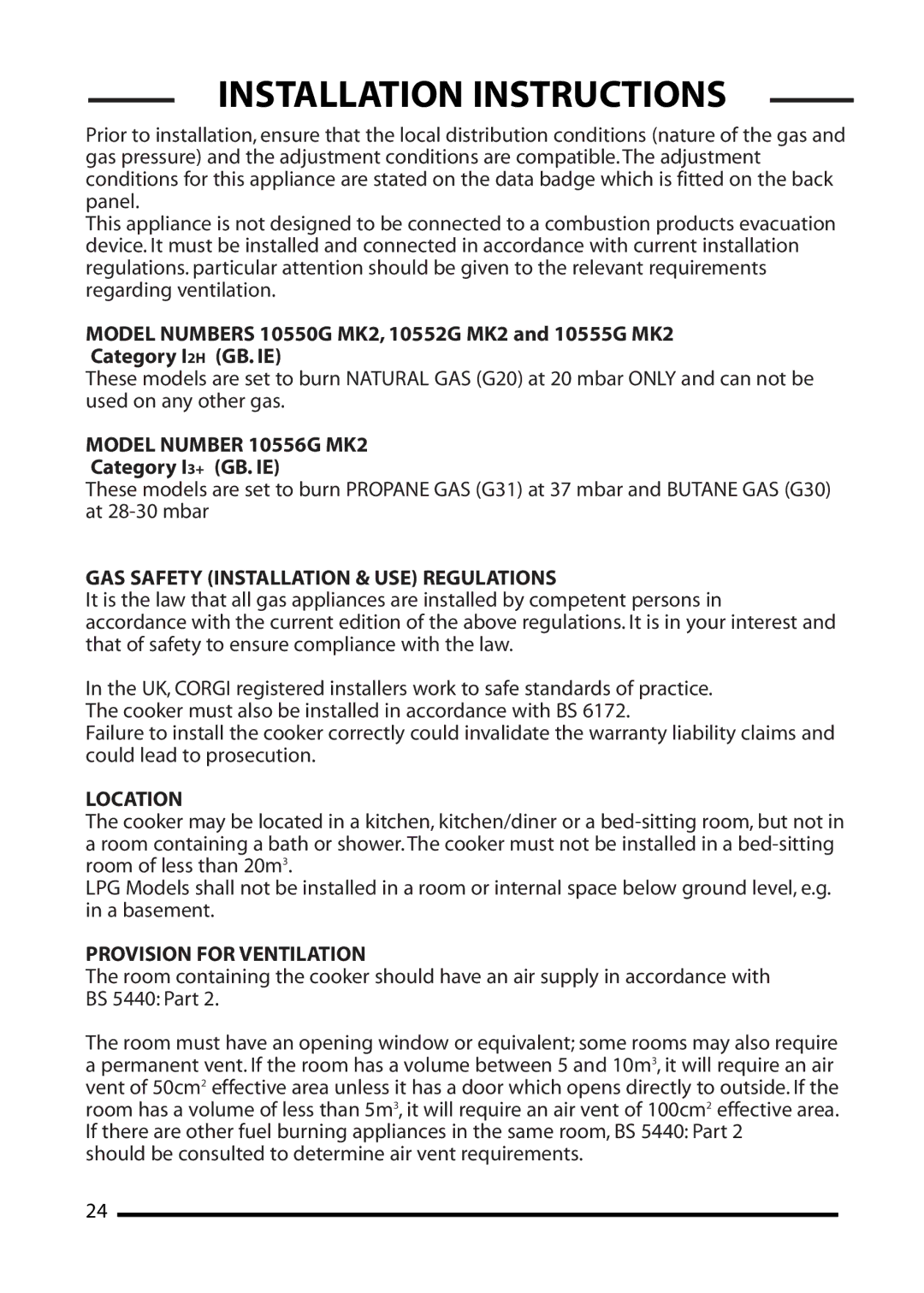 Cannon 4466200024-01 Installation Instructions, Model Number 10556G MK2, GAS Safety Installation & USE Regulations 