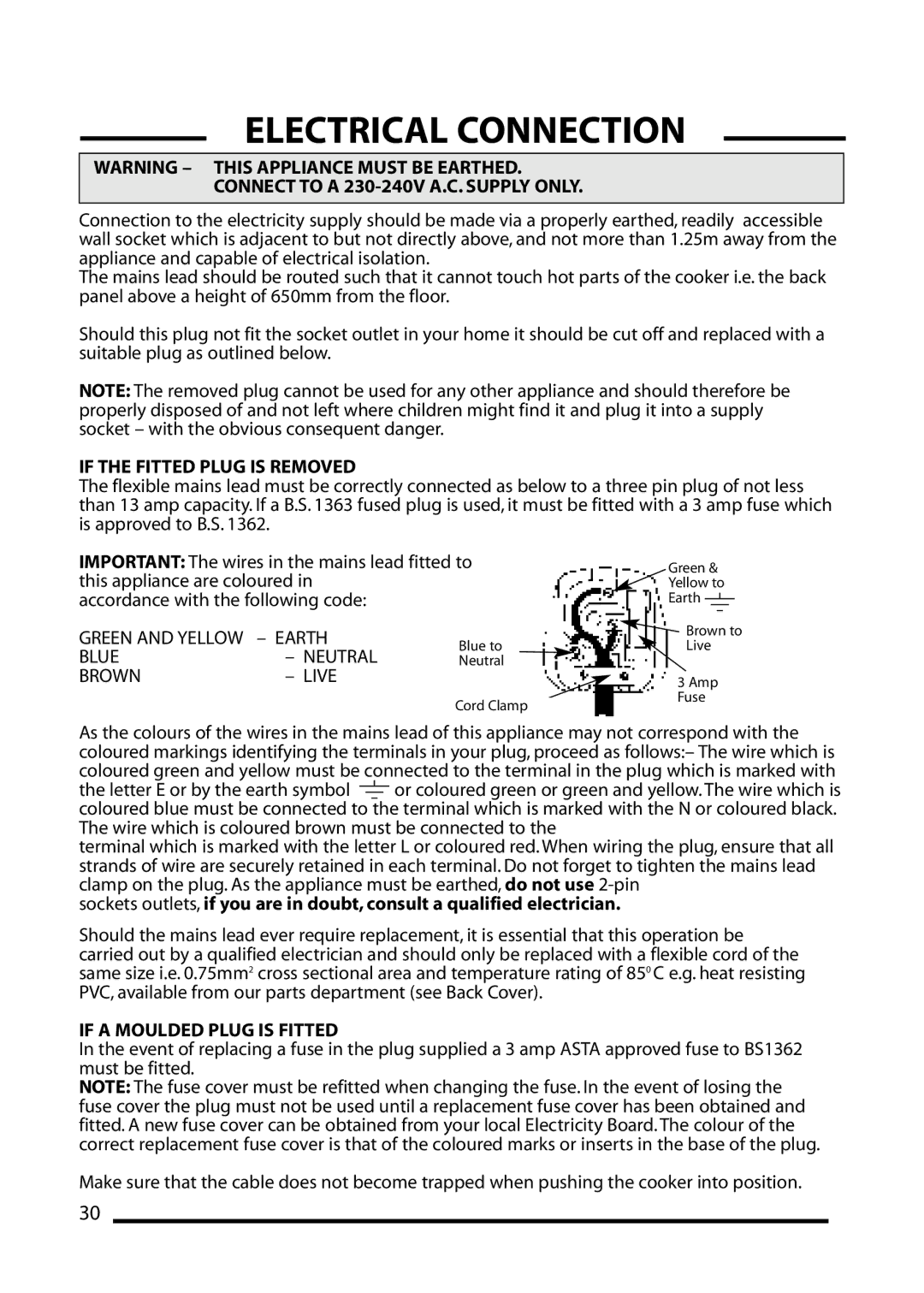 Cannon 4466200024-01 installation instructions Electrical Connection, Connect to a 230-240V A.C. Supply only 