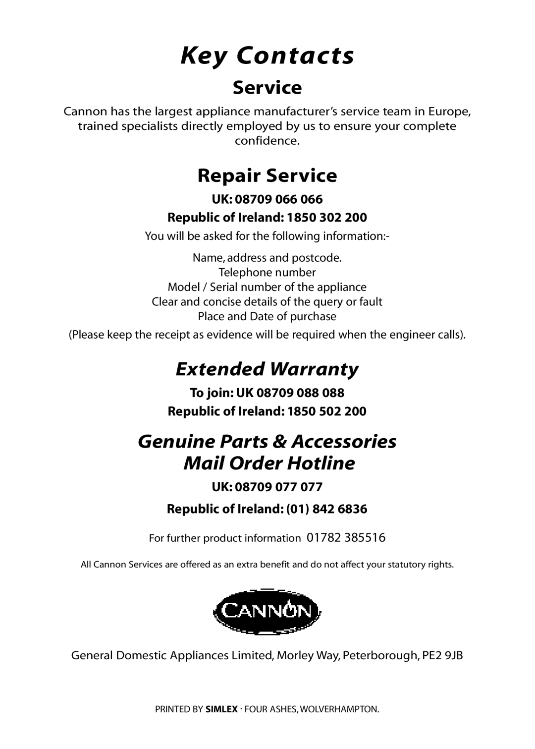 Cannon 4466200024-01 installation instructions Key Contacts 