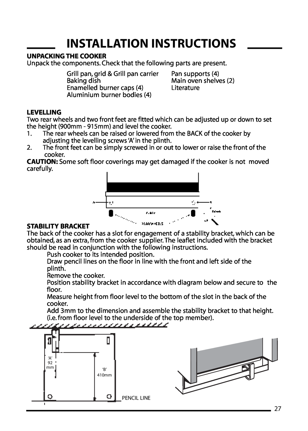 Cannon 4466200024-01 Unpacking The Cooker, Levelling, Stability Bracket, Installation Instructions 