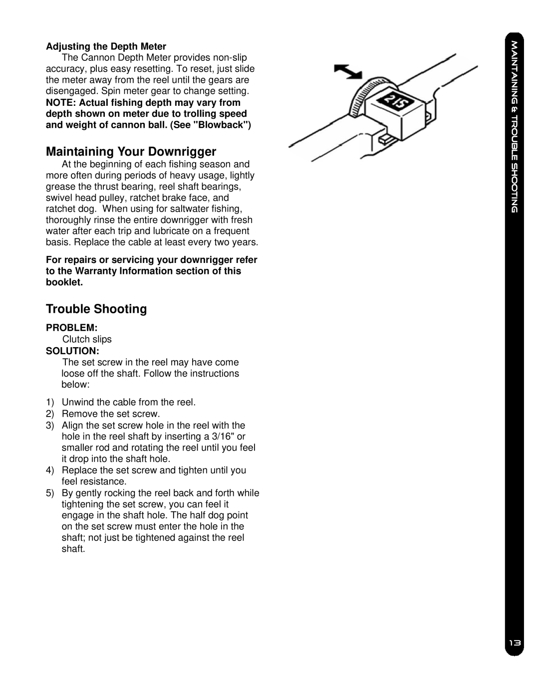 Cannon 10TS, 5 owner manual Maintaining Your Downrigger, Trouble Shooting, Adjusting the Depth Meter 