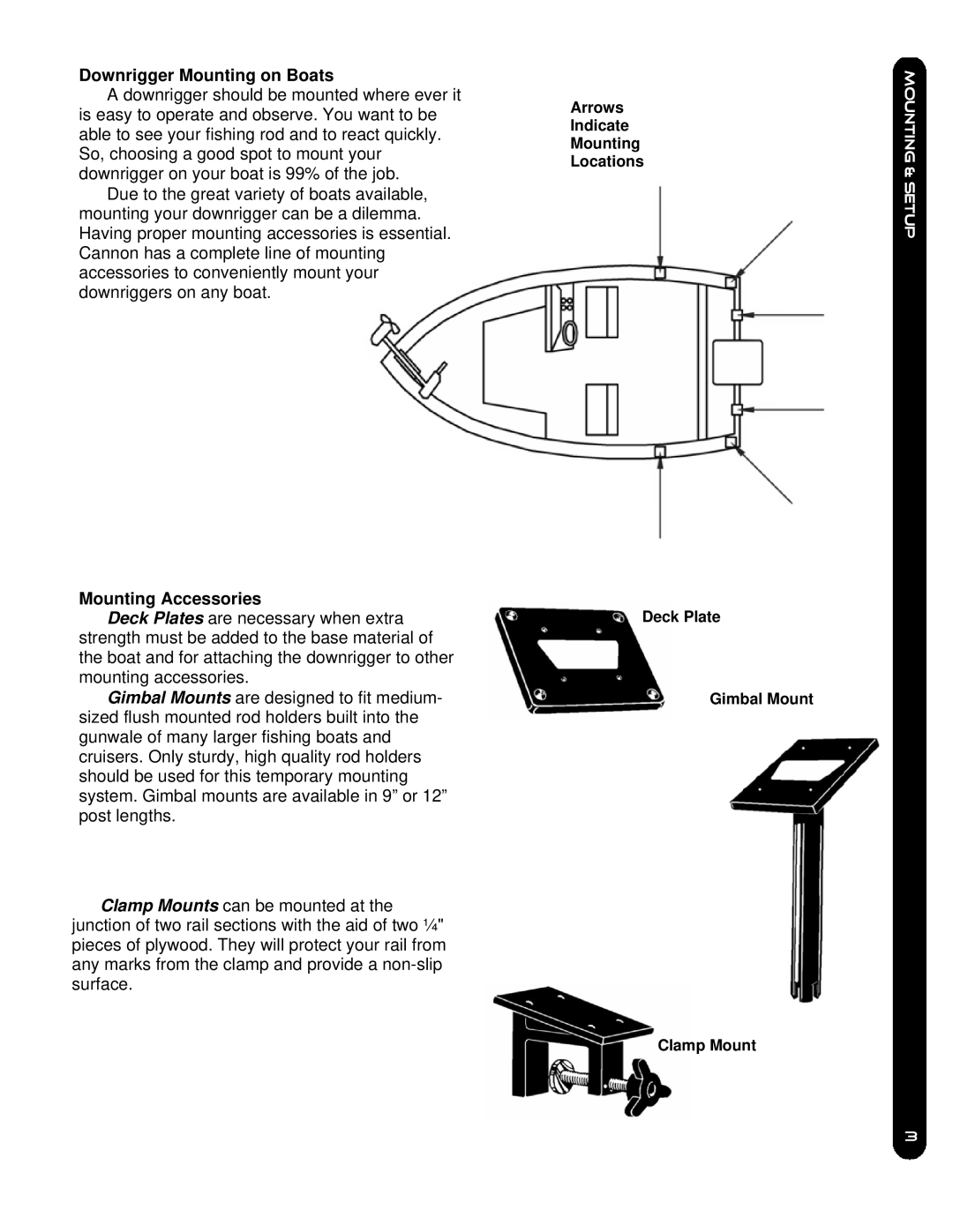 Cannon 5, 10TS owner manual Downrigger Mounting on Boats, Mounting Accessories 