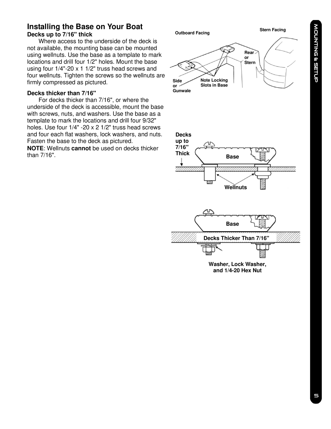 Cannon 5, 10TS owner manual Installing the Base on Your Boat, Decks up to 7/16 thick, Decks thicker than 7/16 