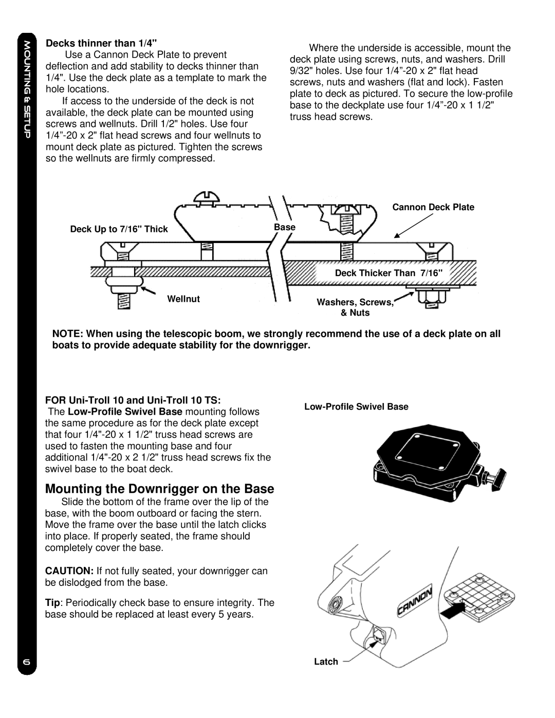 Cannon 5, 10TS Mounting the Downrigger on the Base, Decks thinner than 1/4, For Uni-Troll 10 and Uni-Troll 10 TS 